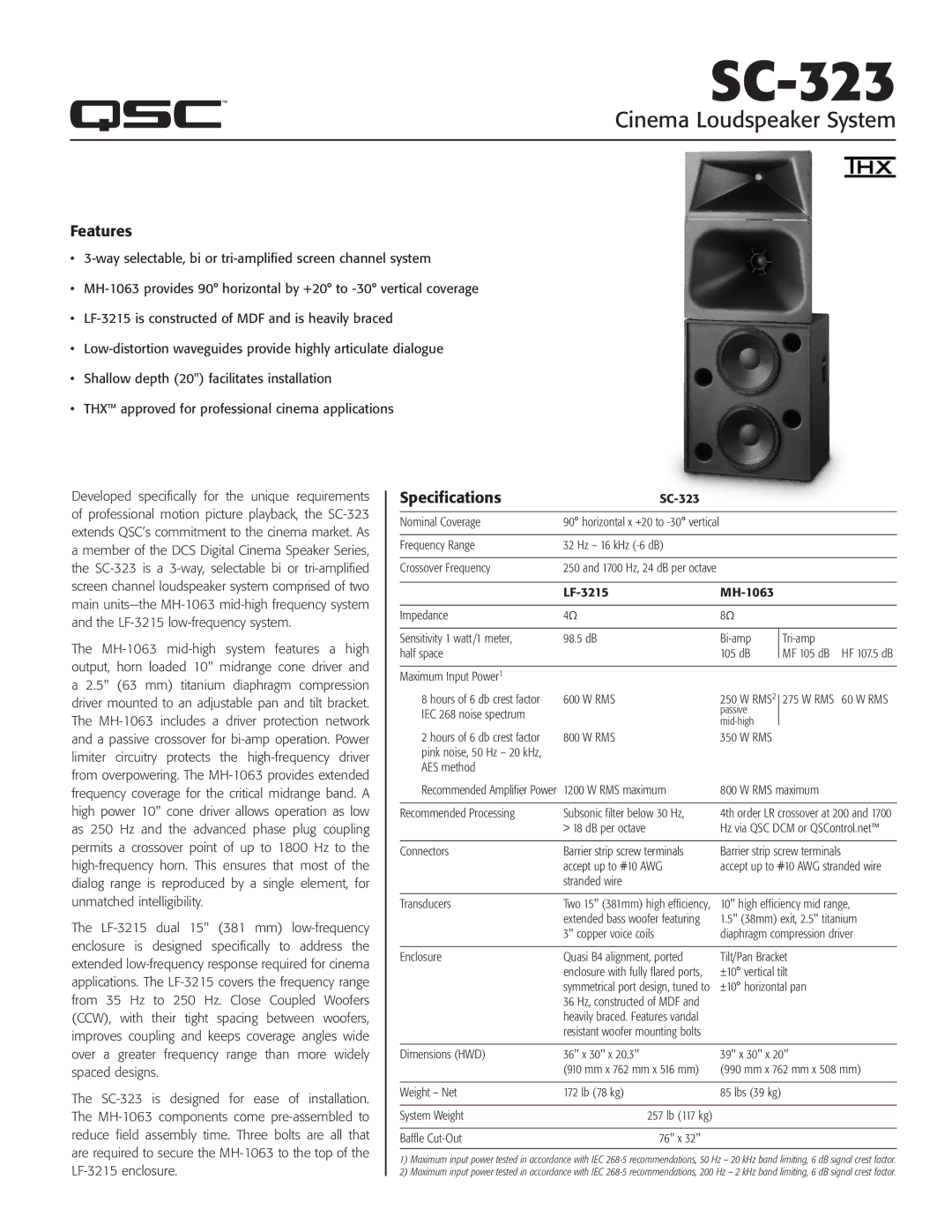 QSC Audio SC-323 specifications Cinema Loudspeaker System, Features, Specifications 