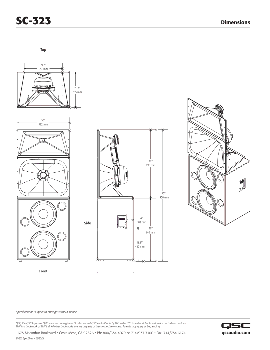 QSC Audio SC-323 specifications Dimensions, Qscaudio.com, Top, Side Front 