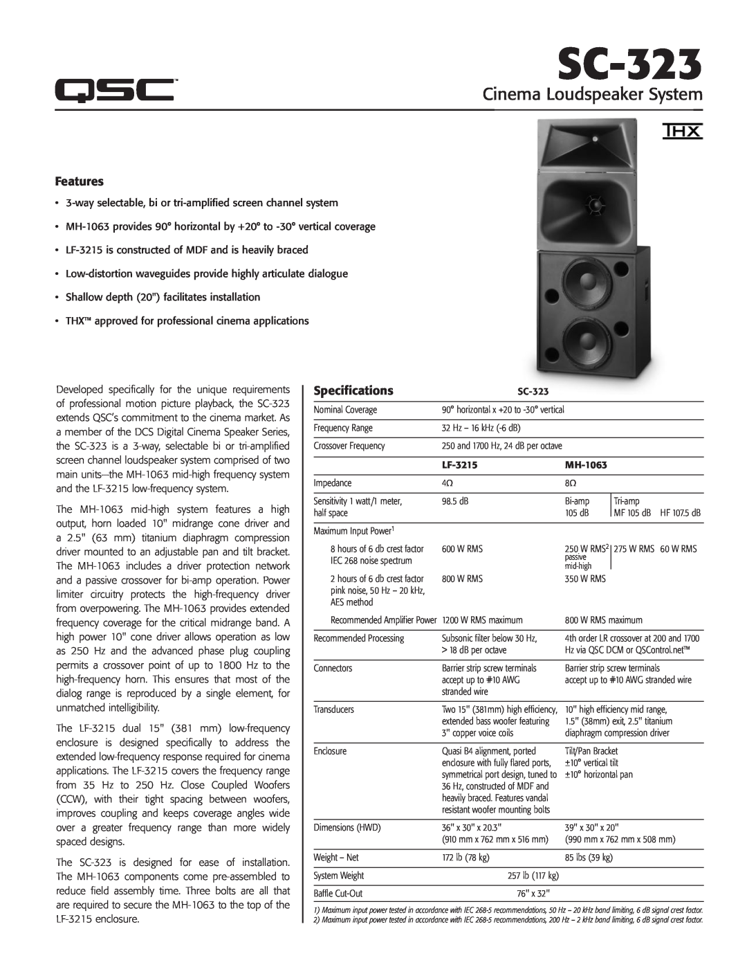 QSC Audio SC-323 specifications Features, Specifications, Cinema Loudspeaker System 