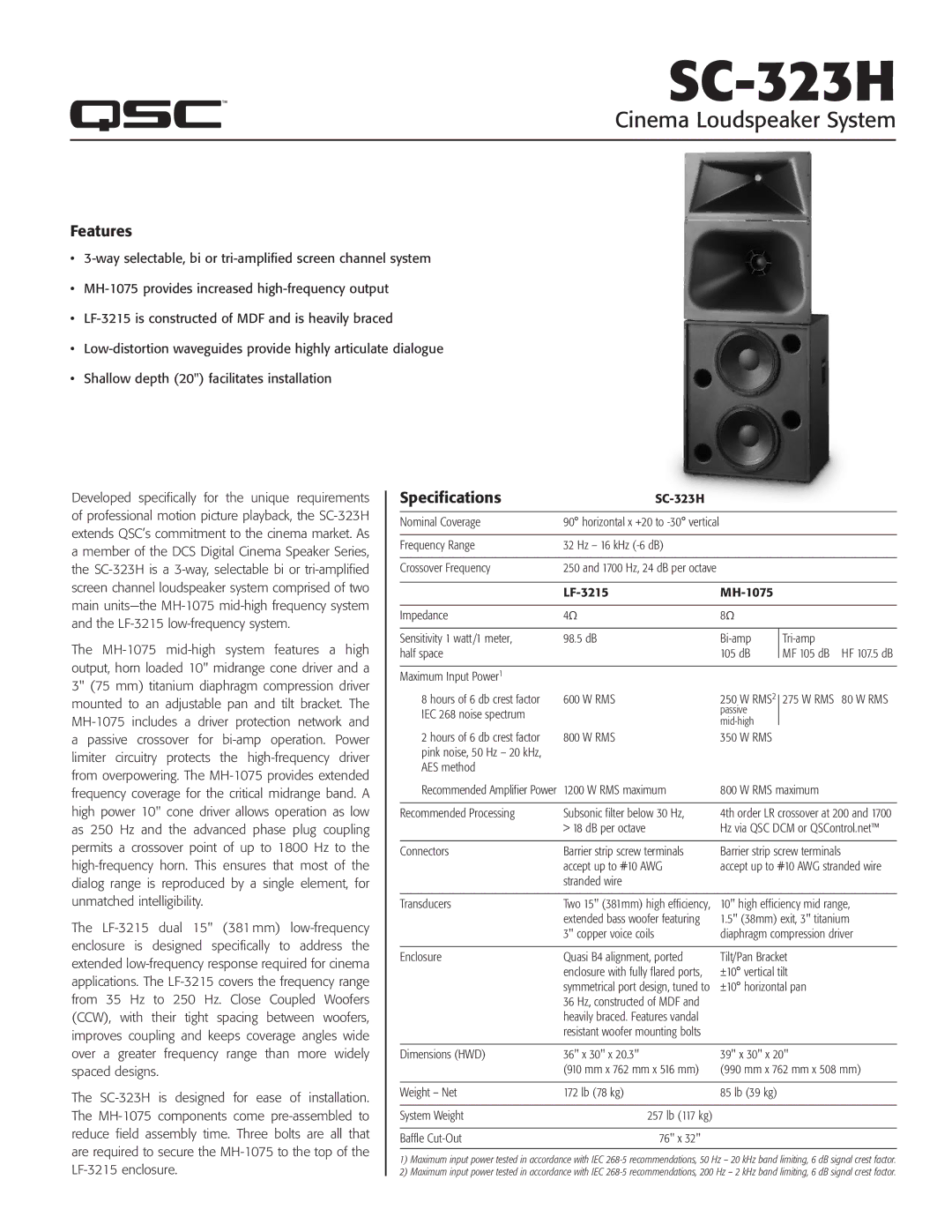 QSC Audio SC-323H specifications Cinema Loudspeaker System, Features, Specifications 