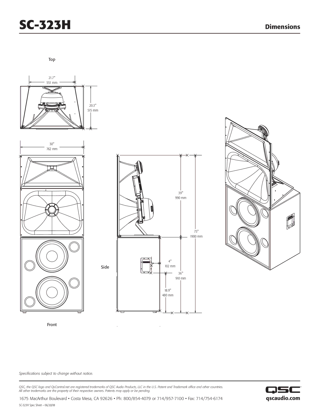 QSC Audio SC-323H specifications Dimensions, Qscaudio.com, Top, Side Front 