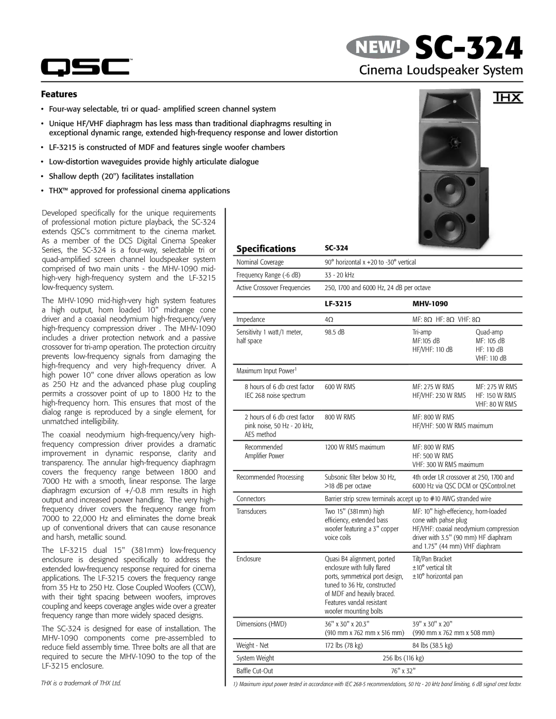 QSC Audio specifications NEW! SC-324, Cinema Loudspeaker System, Features, Specifications 