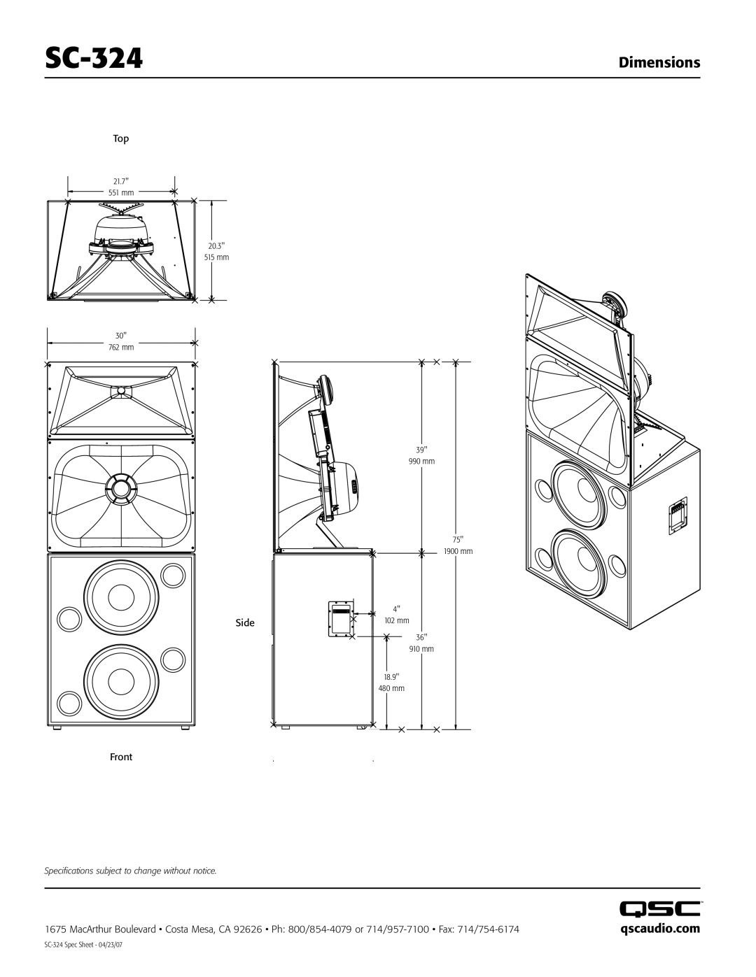 QSC Audio SC-324 specifications Dimensions, Qscaudio.com 