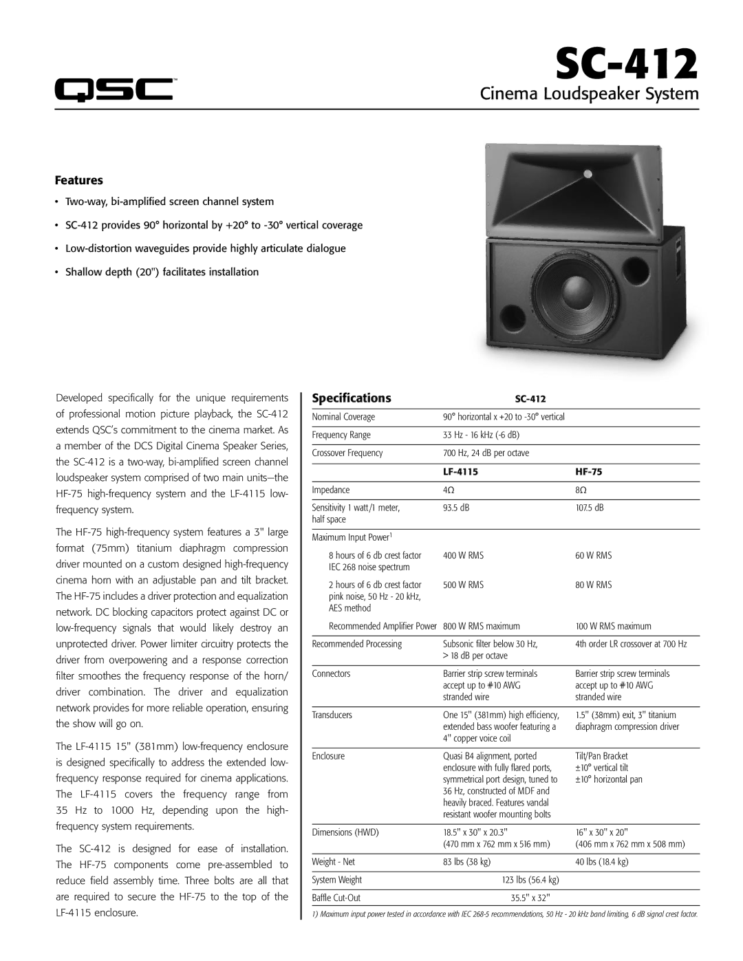 QSC Audio SC-412 specifications Features, Specifications 