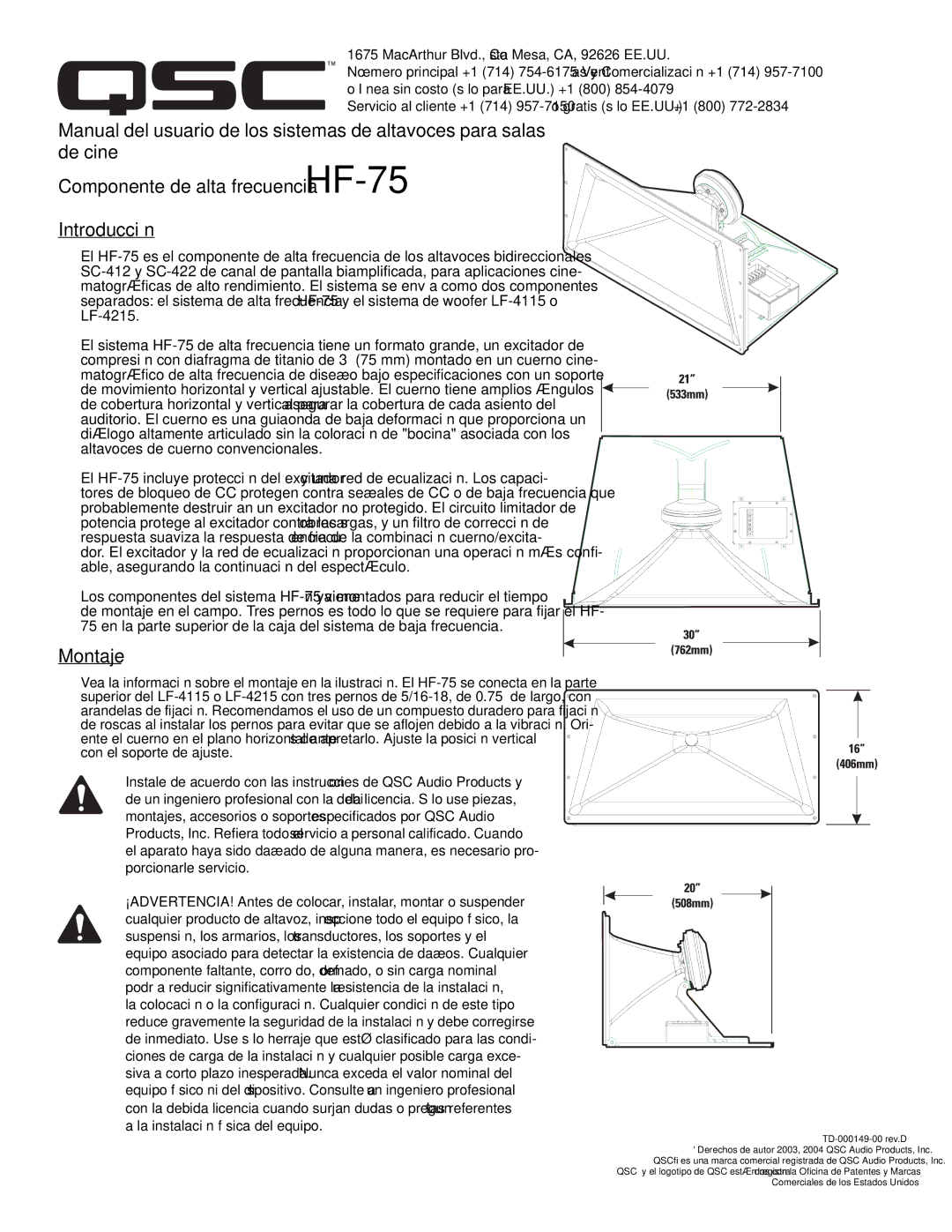 QSC Audio SC-412 specifications Montaje 