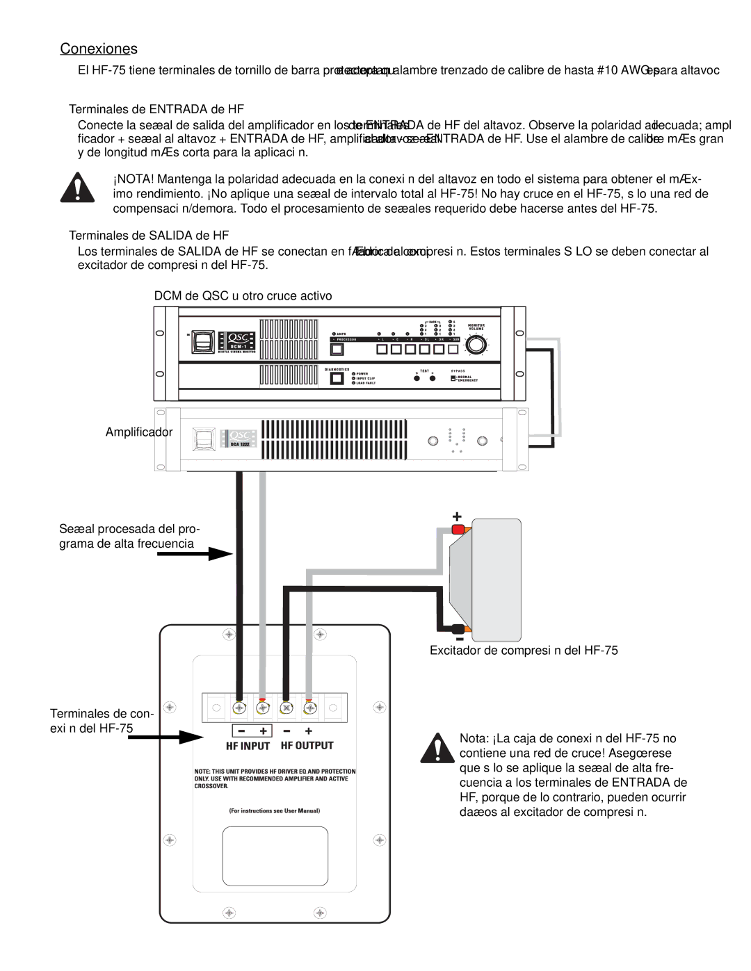 QSC Audio SC-412 Conexiones, Terminales de Entrada de HF, Terminales de Salida de HF, DCM de QSC u otro cruce activo 