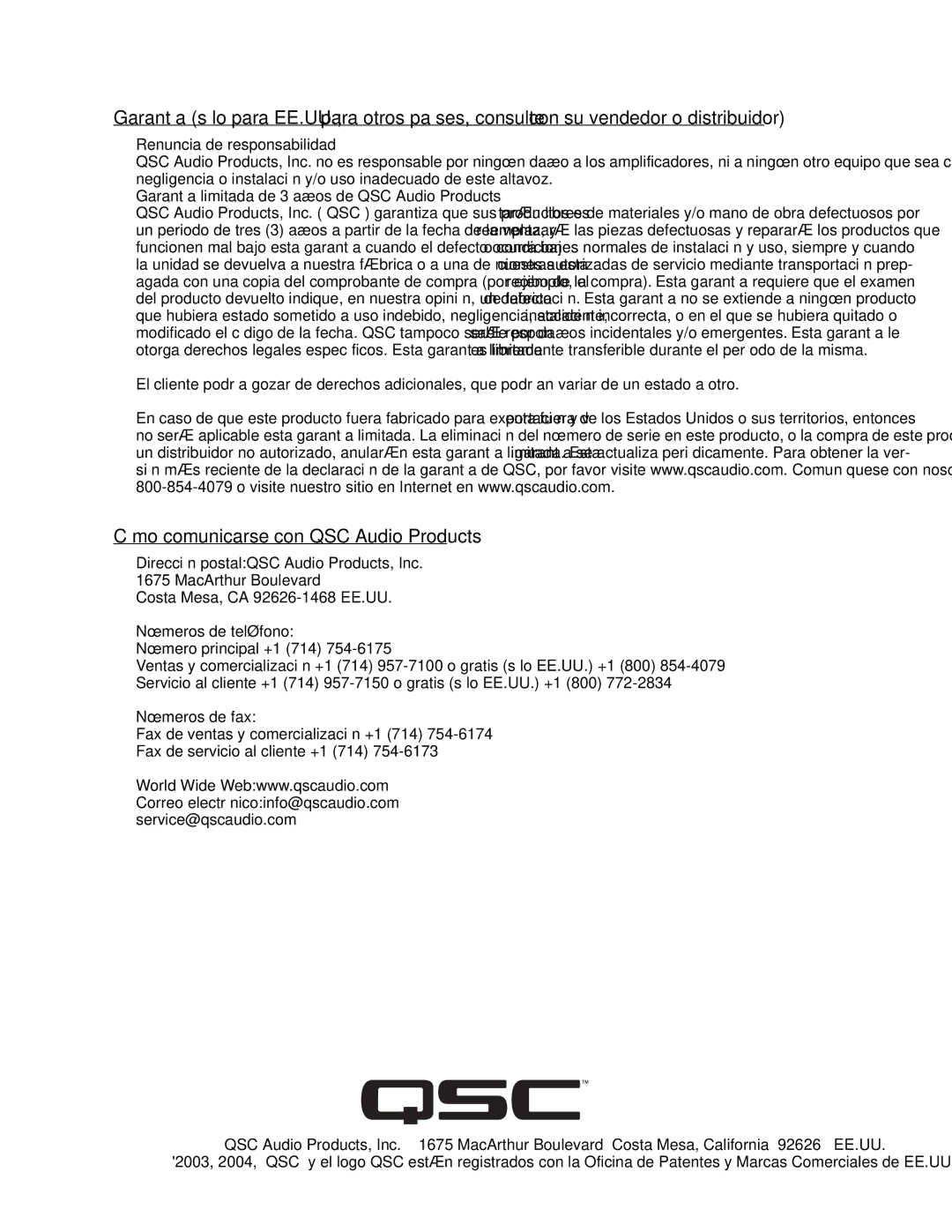 QSC Audio SC-412 specifications Cómo comunicarse con QSC Audio Products, Renuncia de responsabilidad 