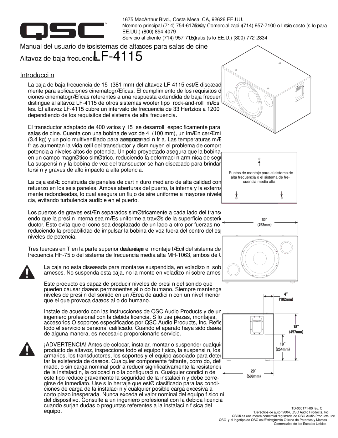 QSC Audio SC-412 specifications Equipo, Derechos de autor 2004, QSC Audio Products, Inc 