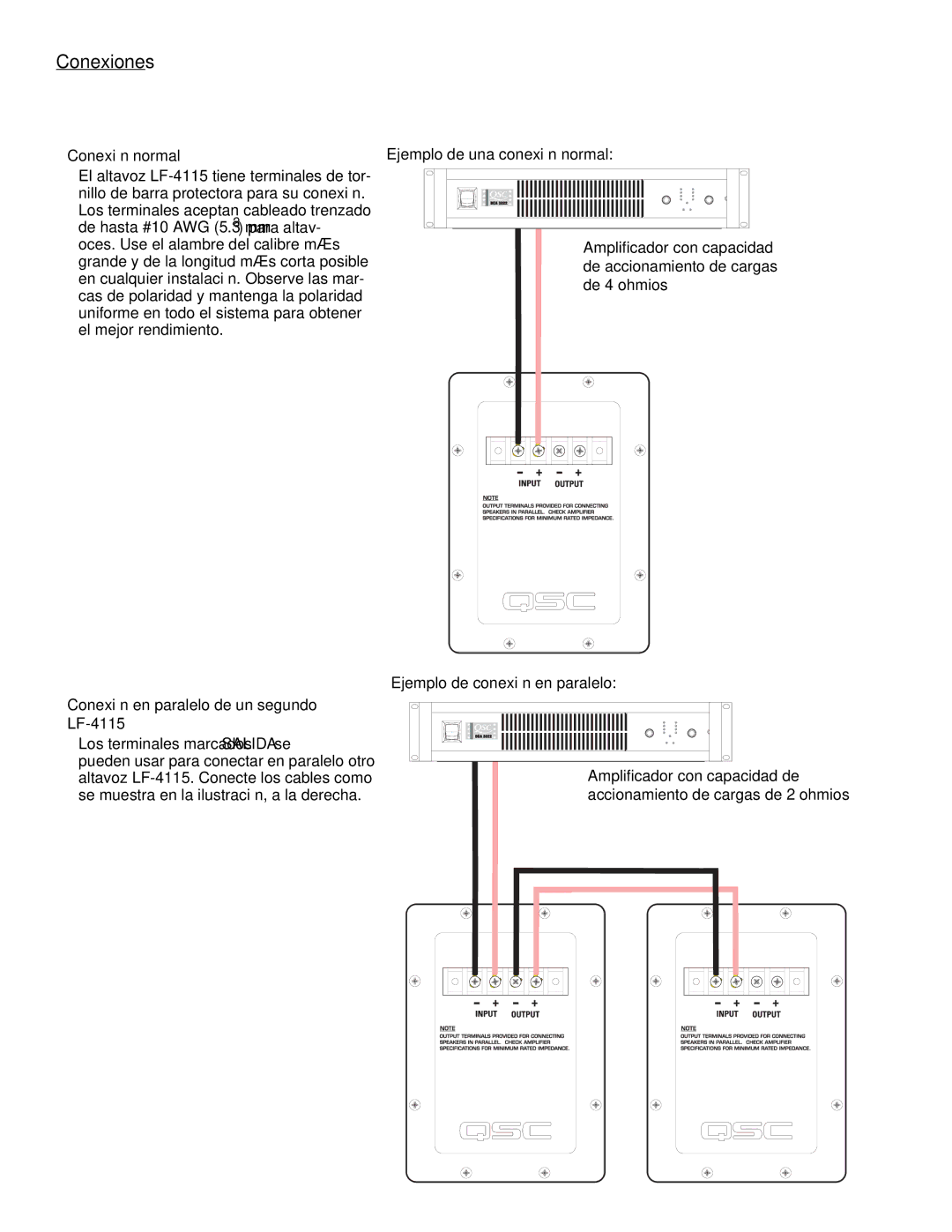 QSC Audio SC-412 specifications Conexión normal, Conexión en paralelo de un segundo LF-4115, Ejemplo de una conexión normal 