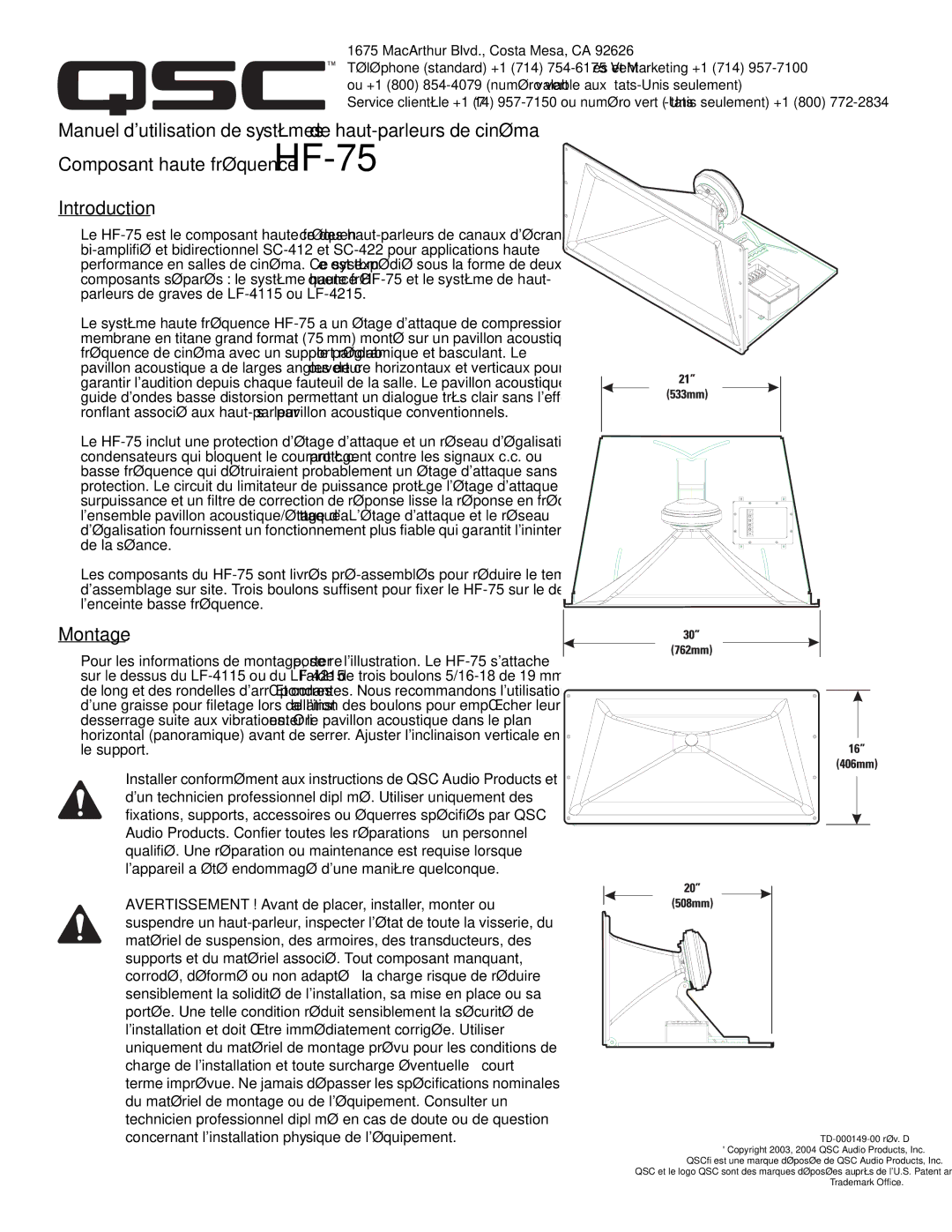 QSC Audio SC-412 specifications Montage, MacArthur Blvd., Costa Mesa, CA 