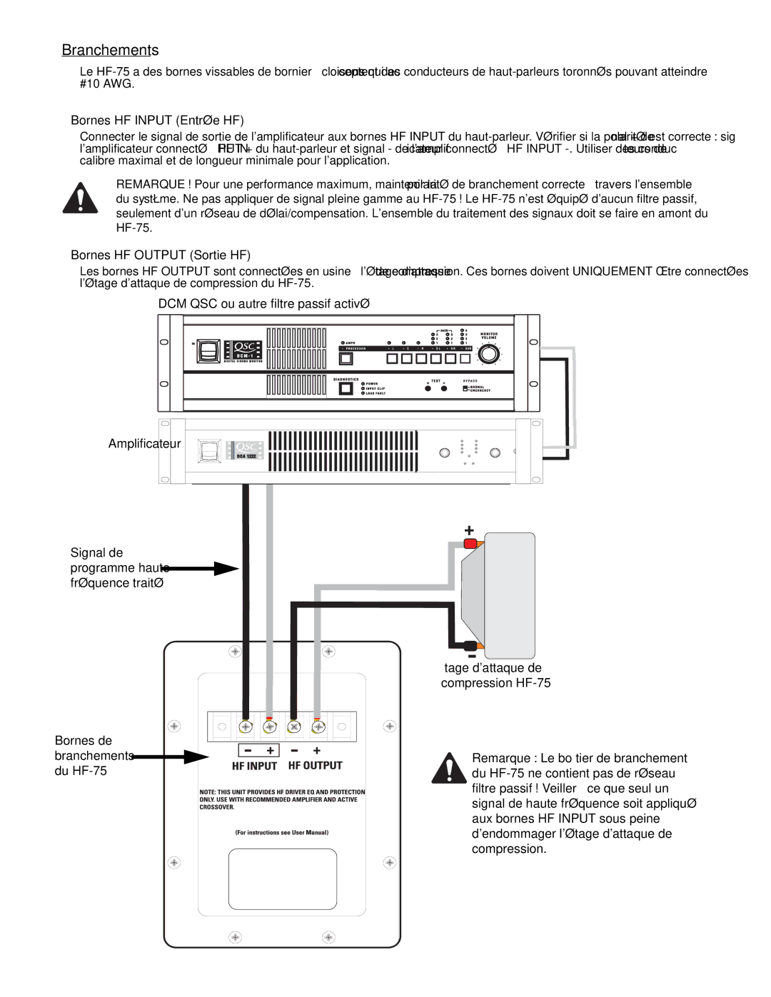 QSC Audio SC-412 specifications Branchements, Bornes HF Input Entrée HF, DCM QSC ou autre filtre passif activé 