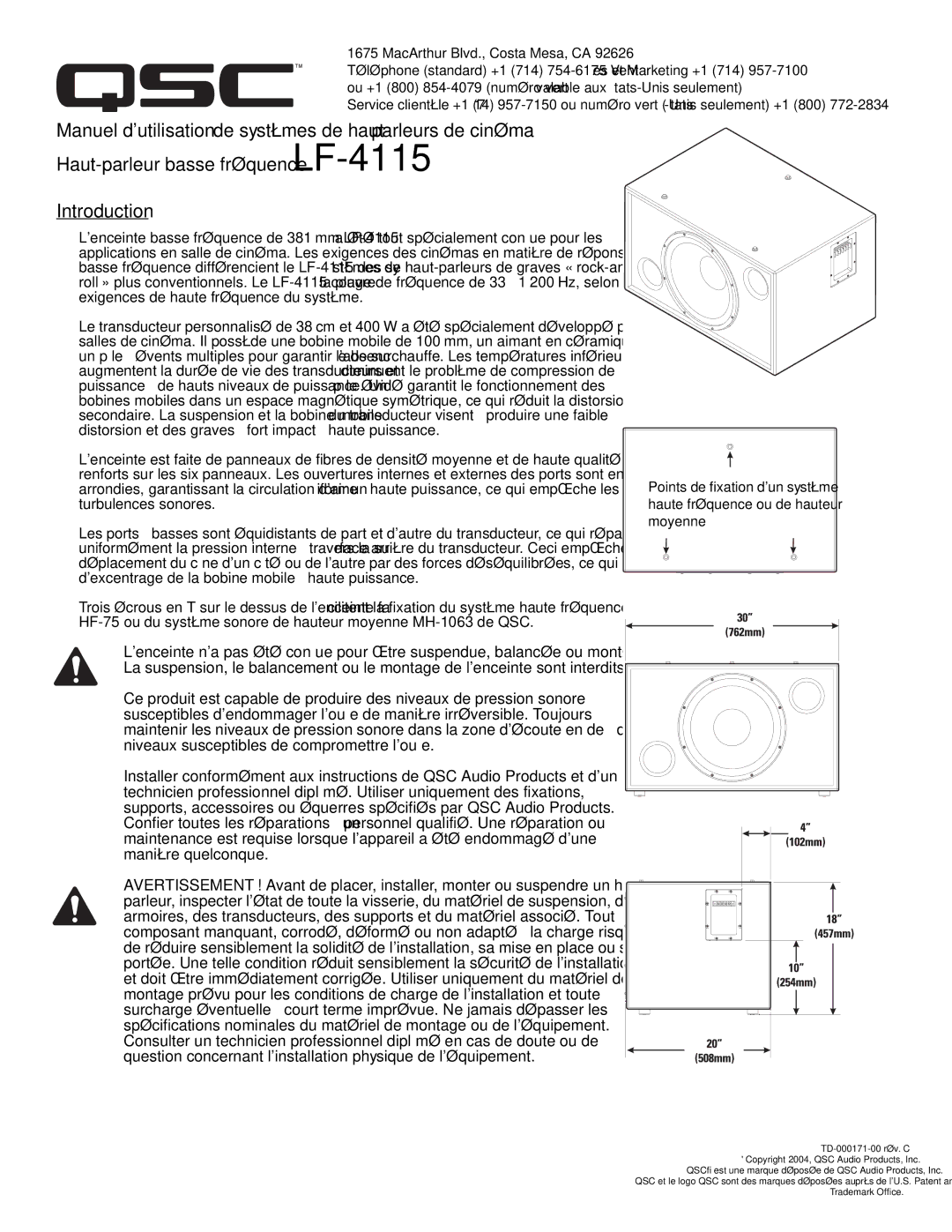 QSC Audio SC-412 specifications TD-000171-00 rév. C Copyright 2004, QSC Audio Products, Inc 