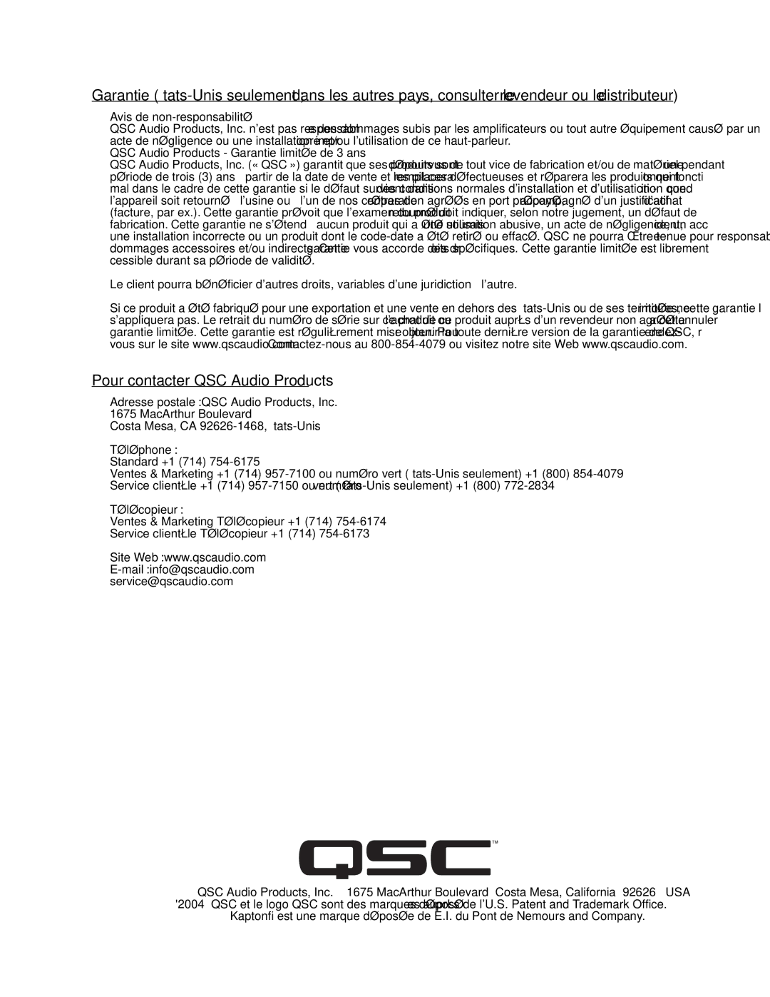 QSC Audio SC-412 specifications Pour contacter QSC Audio Products 