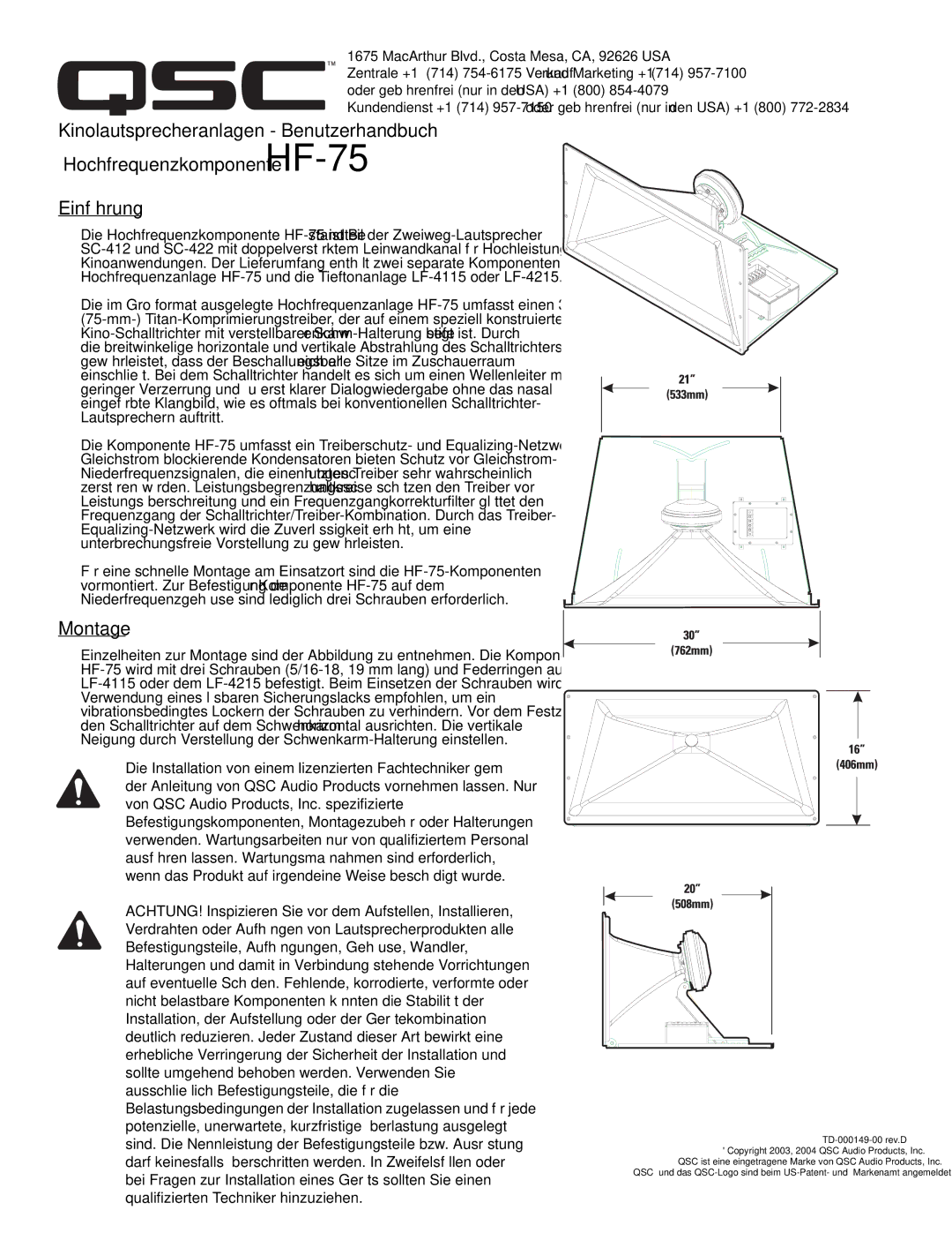 QSC Audio SC-412 specifications Einführung, Montage 