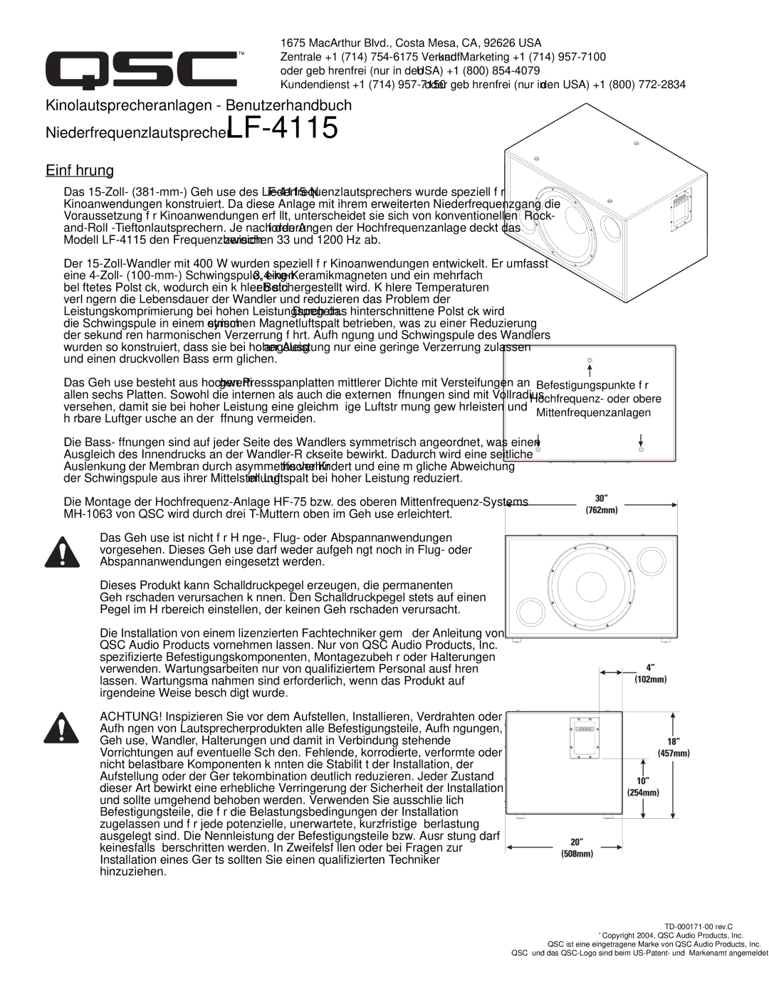 QSC Audio SC-412 specifications MacArthur Blvd., Costa Mesa, CA, 92626 USA 