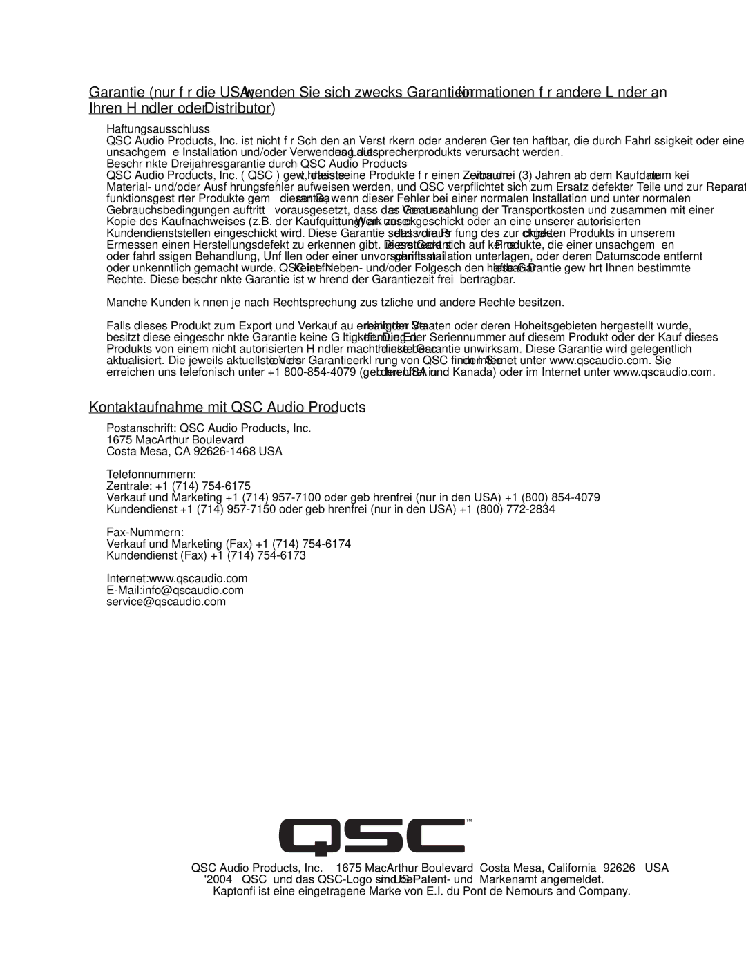 QSC Audio SC-412 specifications Kontaktaufnahme mit QSC Audio Products 