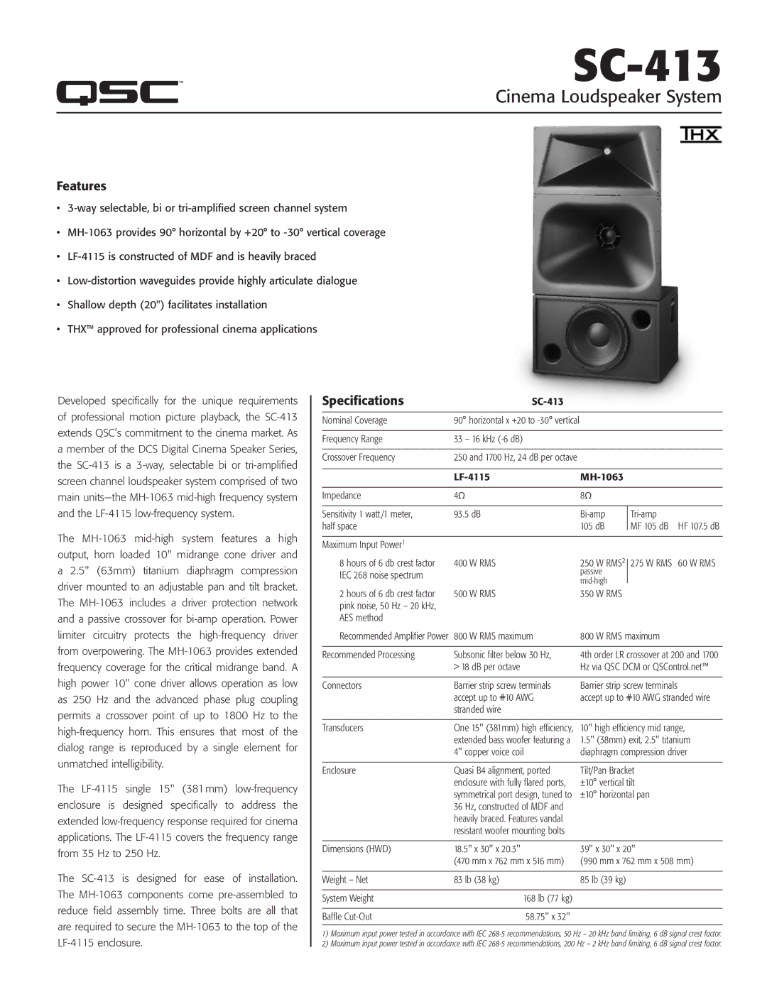 QSC Audio SC-413 specifications Cinema Loudspeaker System, Features, Specifications 