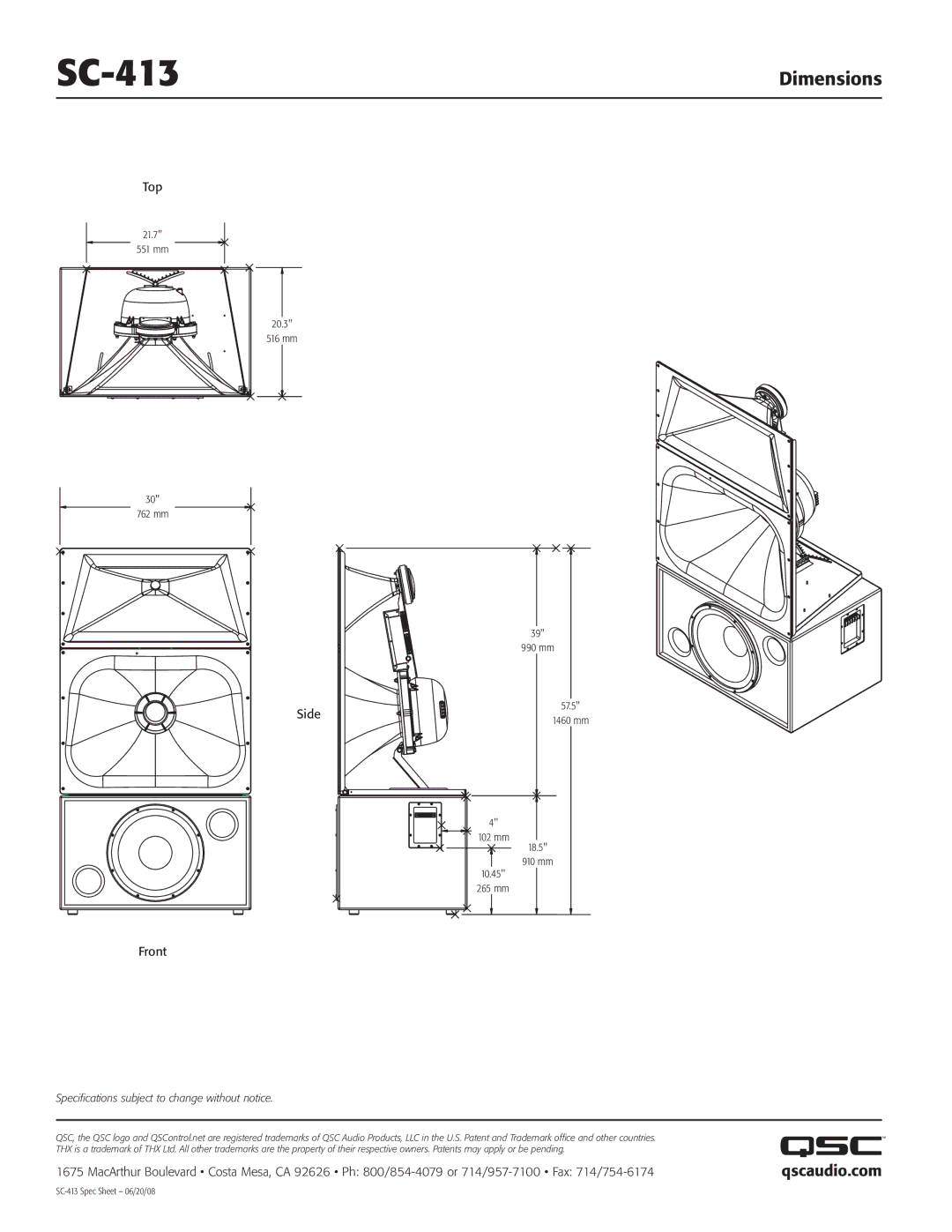 QSC Audio SC-413 specifications Dimensions, Qscaudio.com 