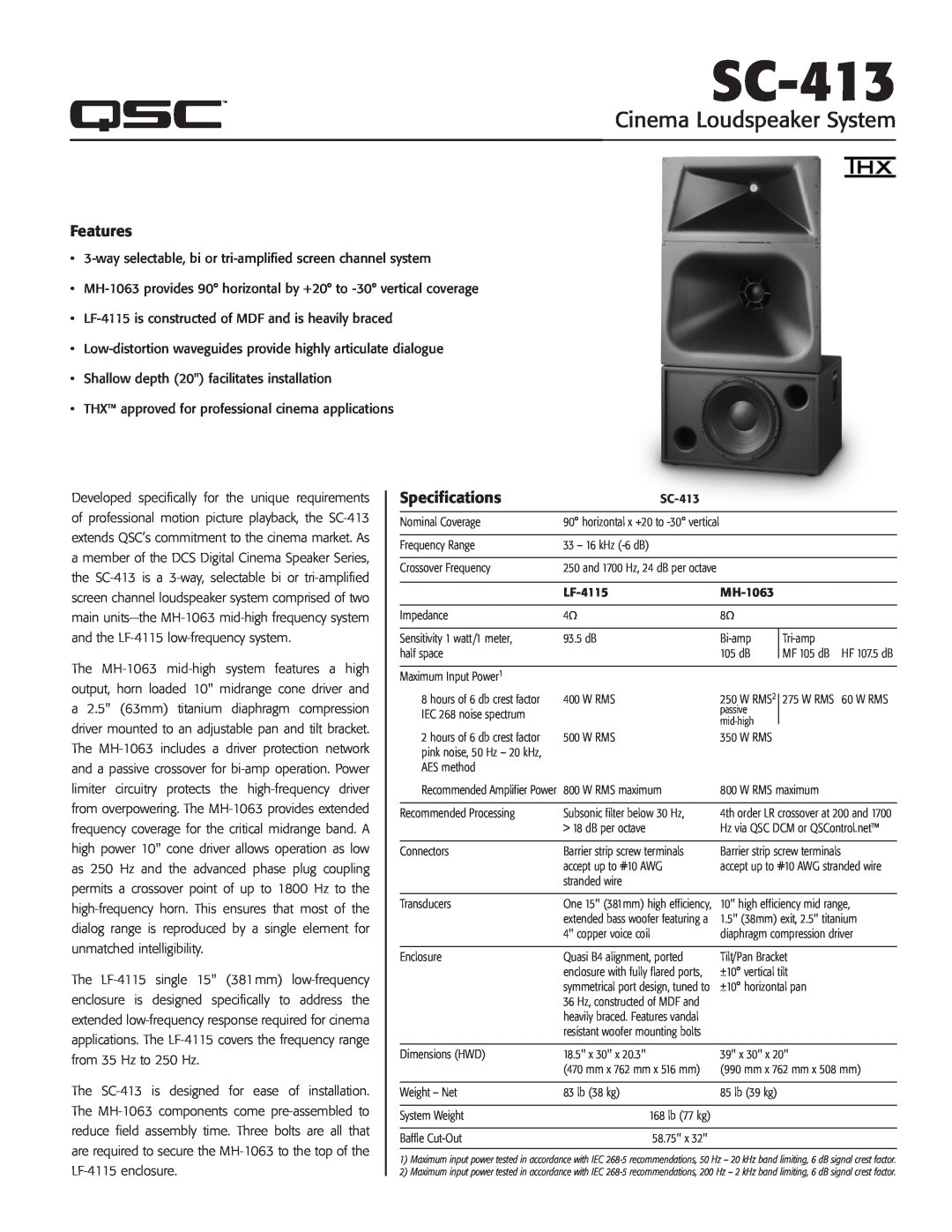 QSC Audio SC-413 specifications Features, Specifications, Cinema Loudspeaker System 