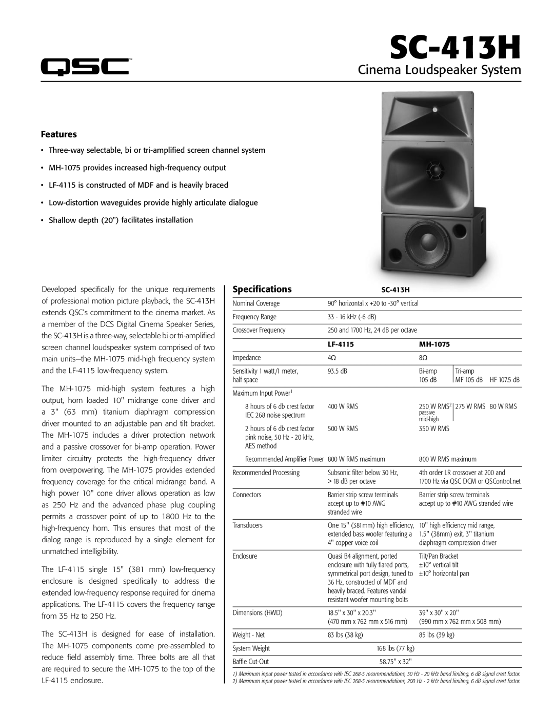 QSC Audio SC-413H specifications Cinema Loudspeaker System, Features, Specifications 