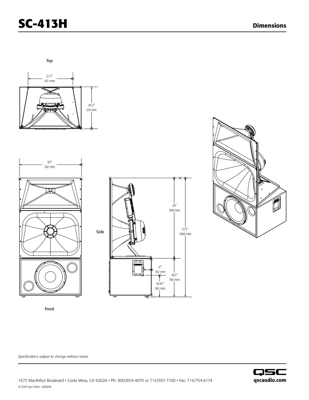 QSC Audio SC-413H specifications Dimensions, Qscaudio.com 