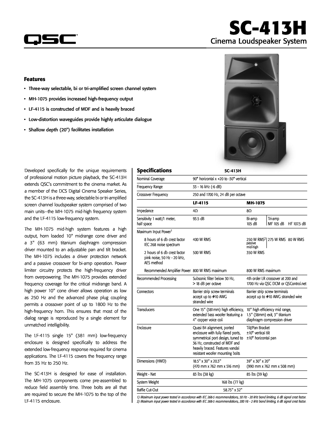 QSC Audio SC-413H specifications Features, Specifications, Cinema Loudspeaker System 