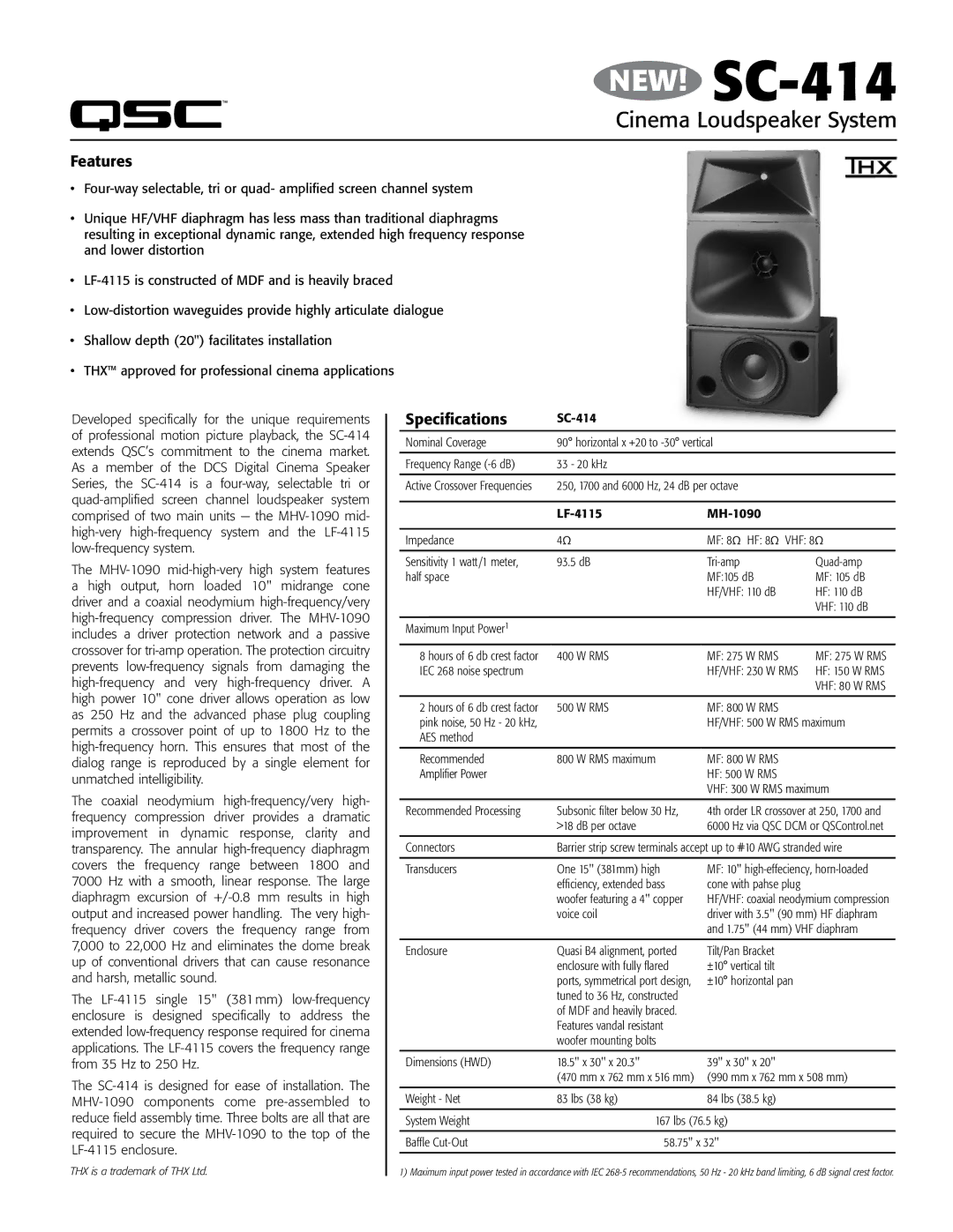 QSC Audio specifications NEW! SC-414, Cinema Loudspeaker System, Features, Specifications 