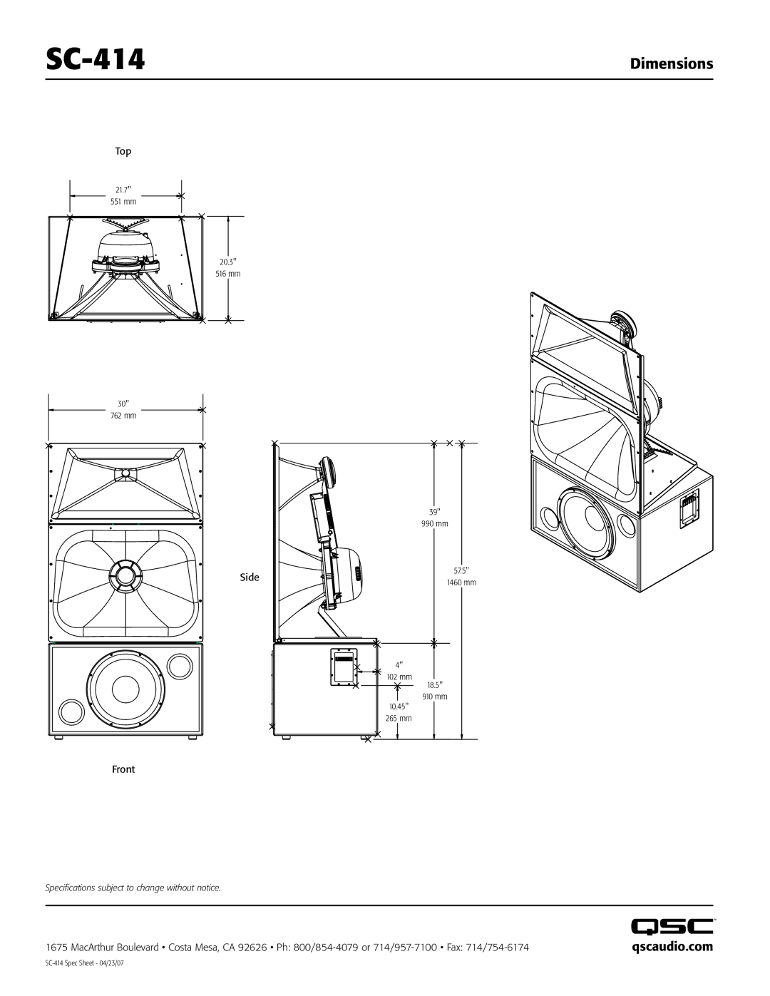 QSC Audio SC-414 specifications Dimensions, Qscaudio.com 