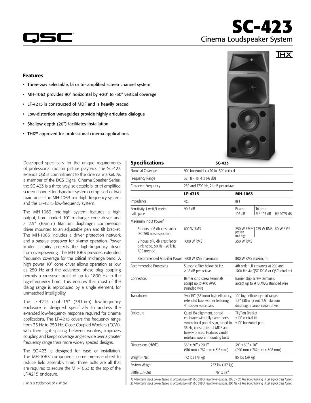 QSC Audio SC-423 specifications Cinema Loudspeaker System, Features, Specifications 