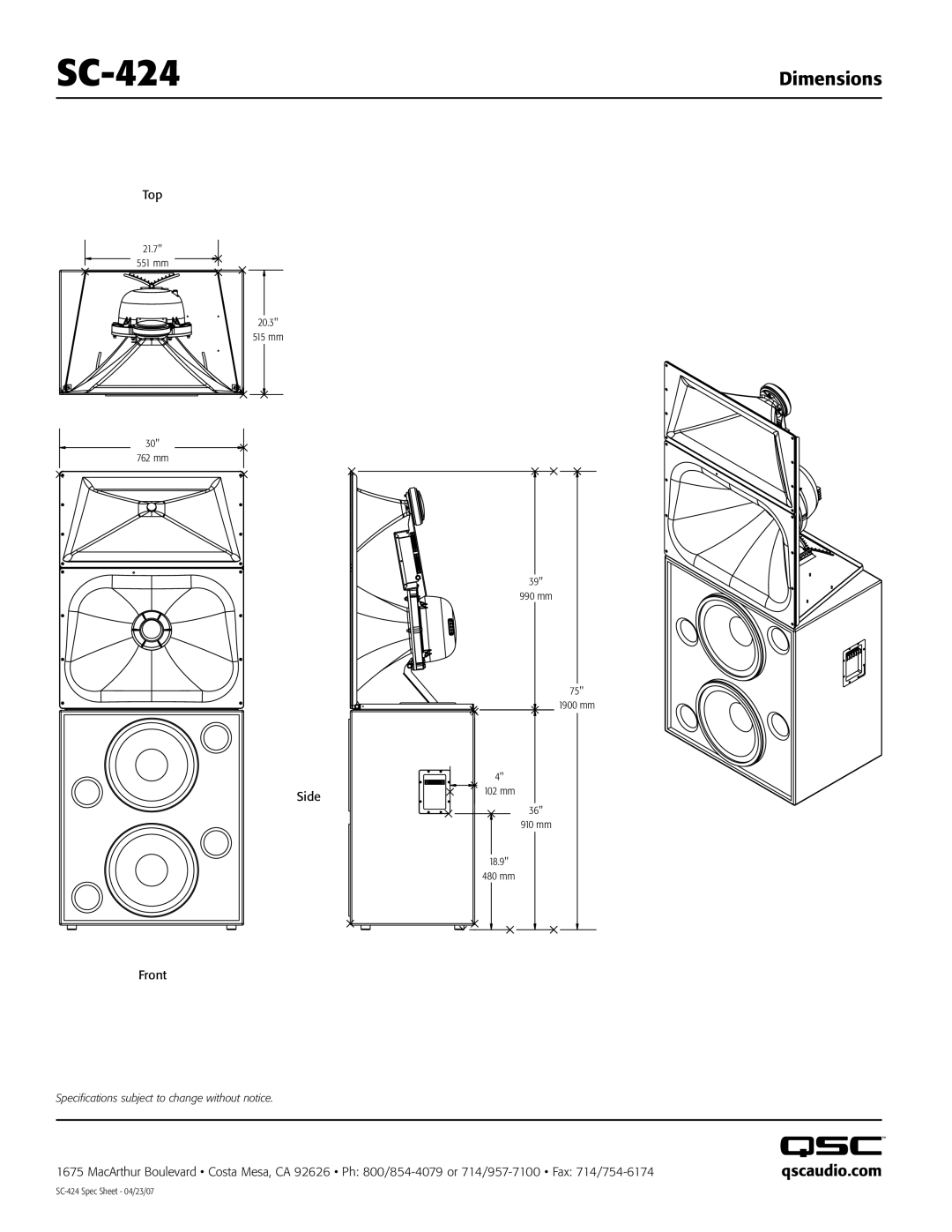 QSC Audio SC-424 specifications Dimensions, Qscaudio.com 