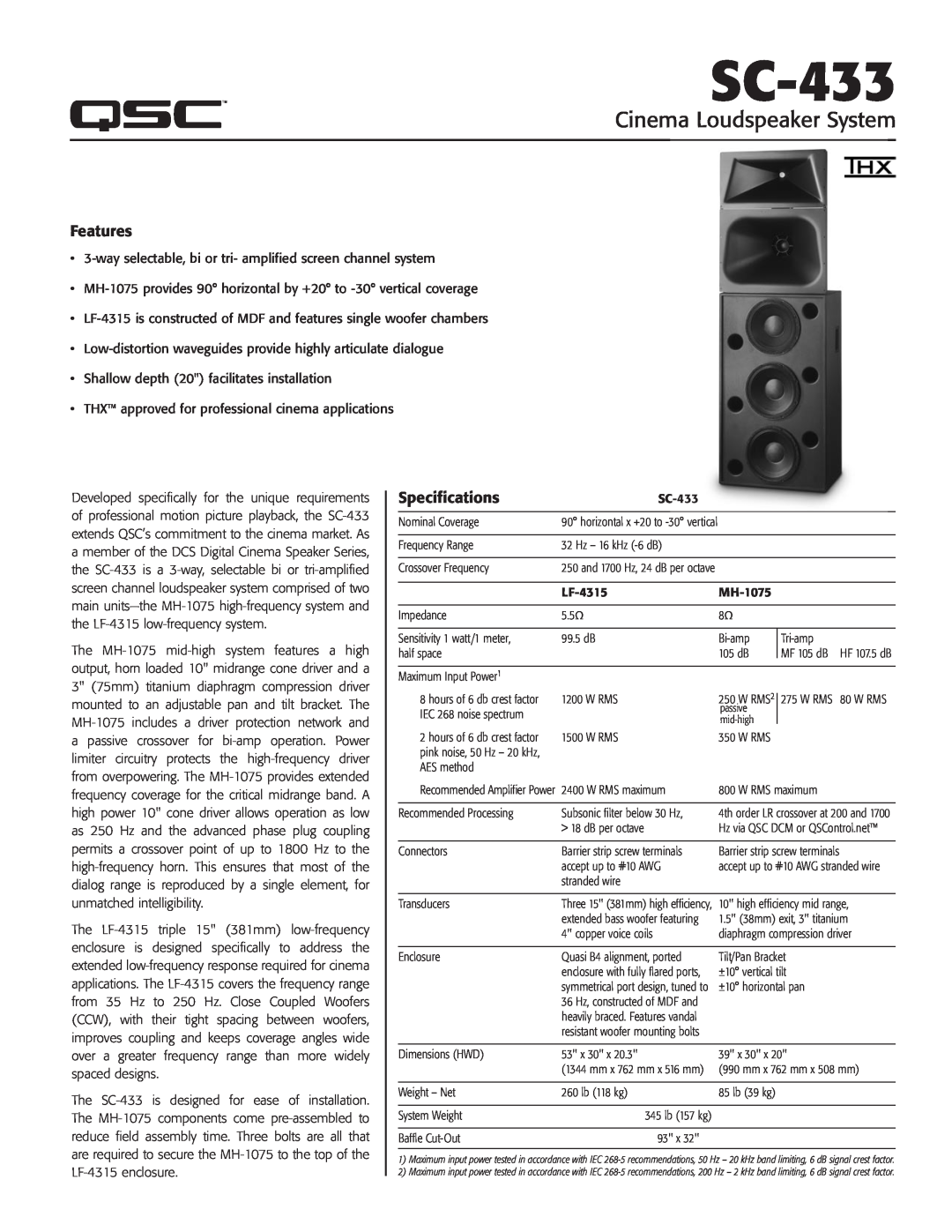 QSC Audio SC-433 specifications Features, Specifications, Cinema Loudspeaker System 