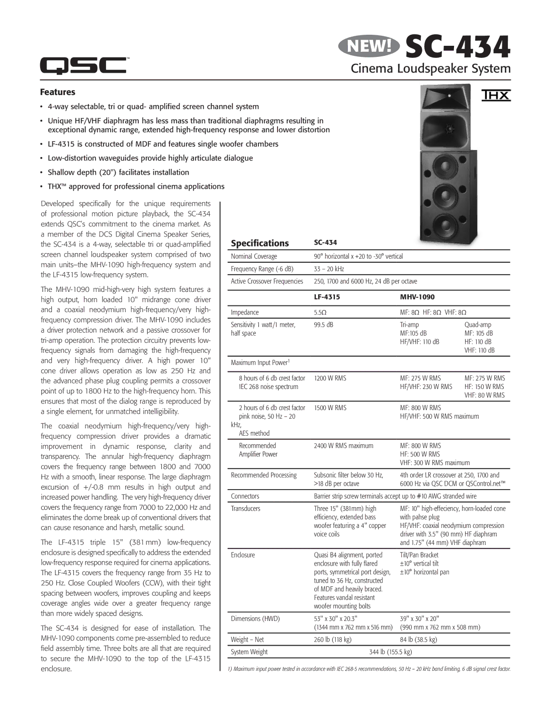 QSC Audio SC-434 specifications Features, Specifications 