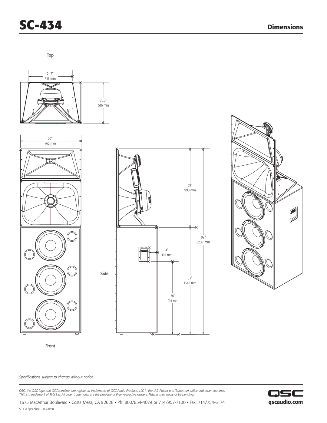 QSC Audio SC-434 specifications Qscaudio.com, Top, Side, Front 