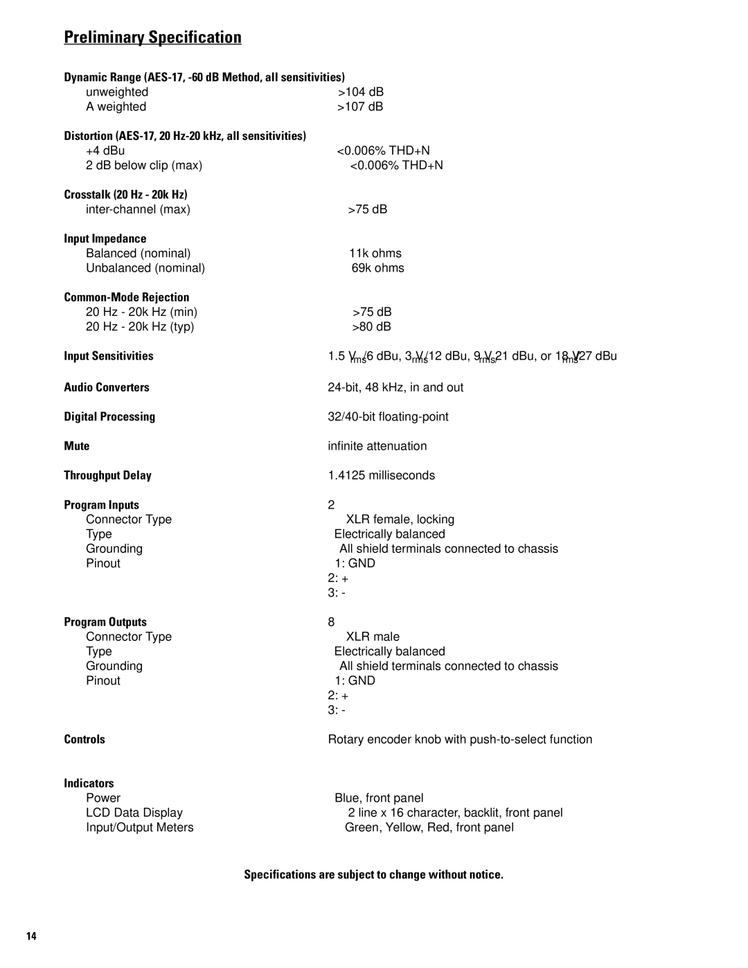 QSC Audio SC28 user manual Preliminary Specification, Program Outputs 