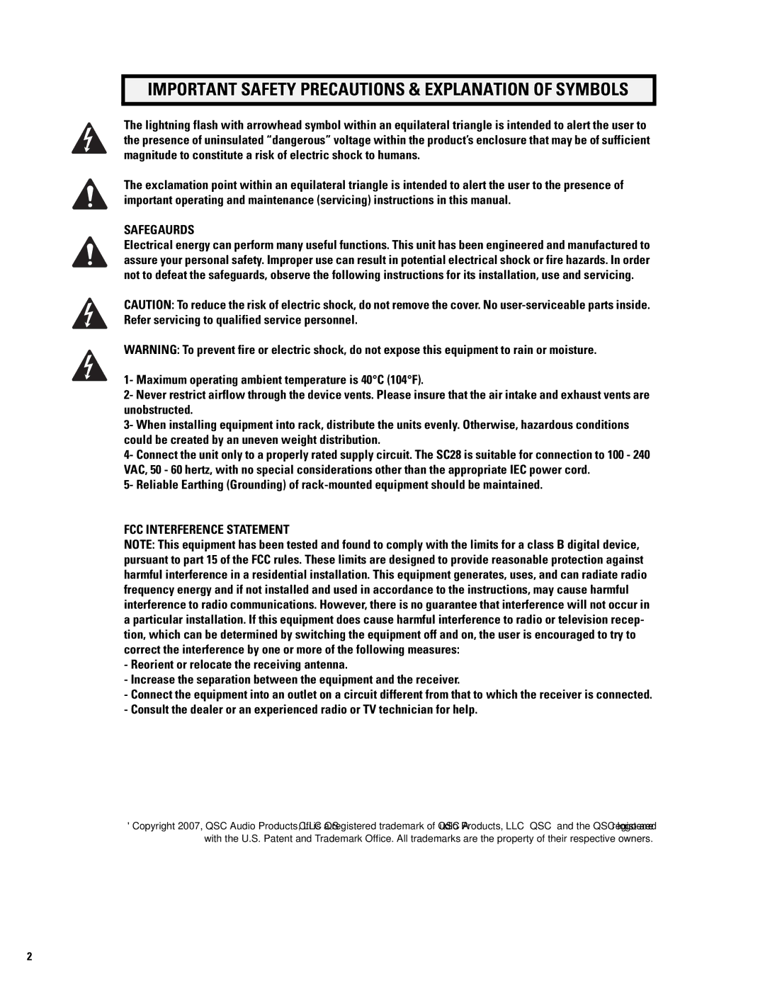 QSC Audio SC28 user manual Important Safety Precautions & Explanation of Symbols 