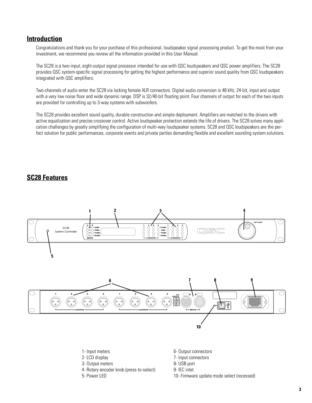 QSC Audio user manual Introduction, SC28 Features 