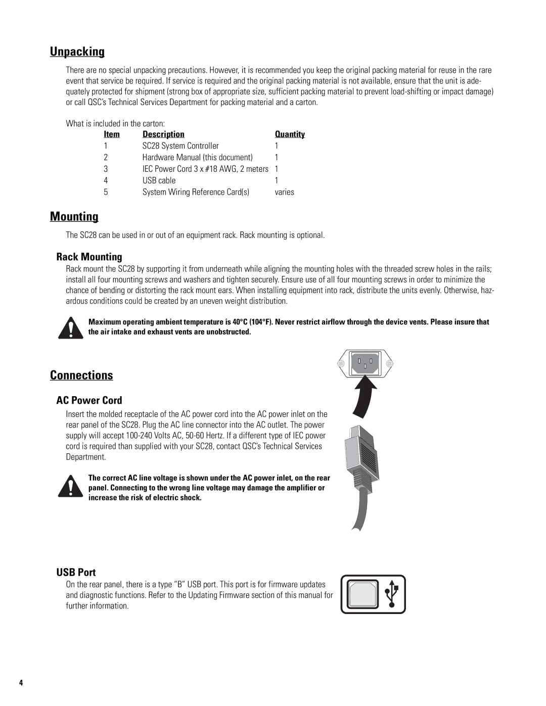 QSC Audio SC28 user manual Unpacking, Mounting, Connections 