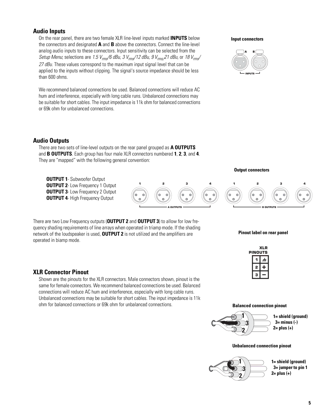 QSC Audio SC28 user manual Audio Inputs, Audio Outputs, XLR Connector Pinout 