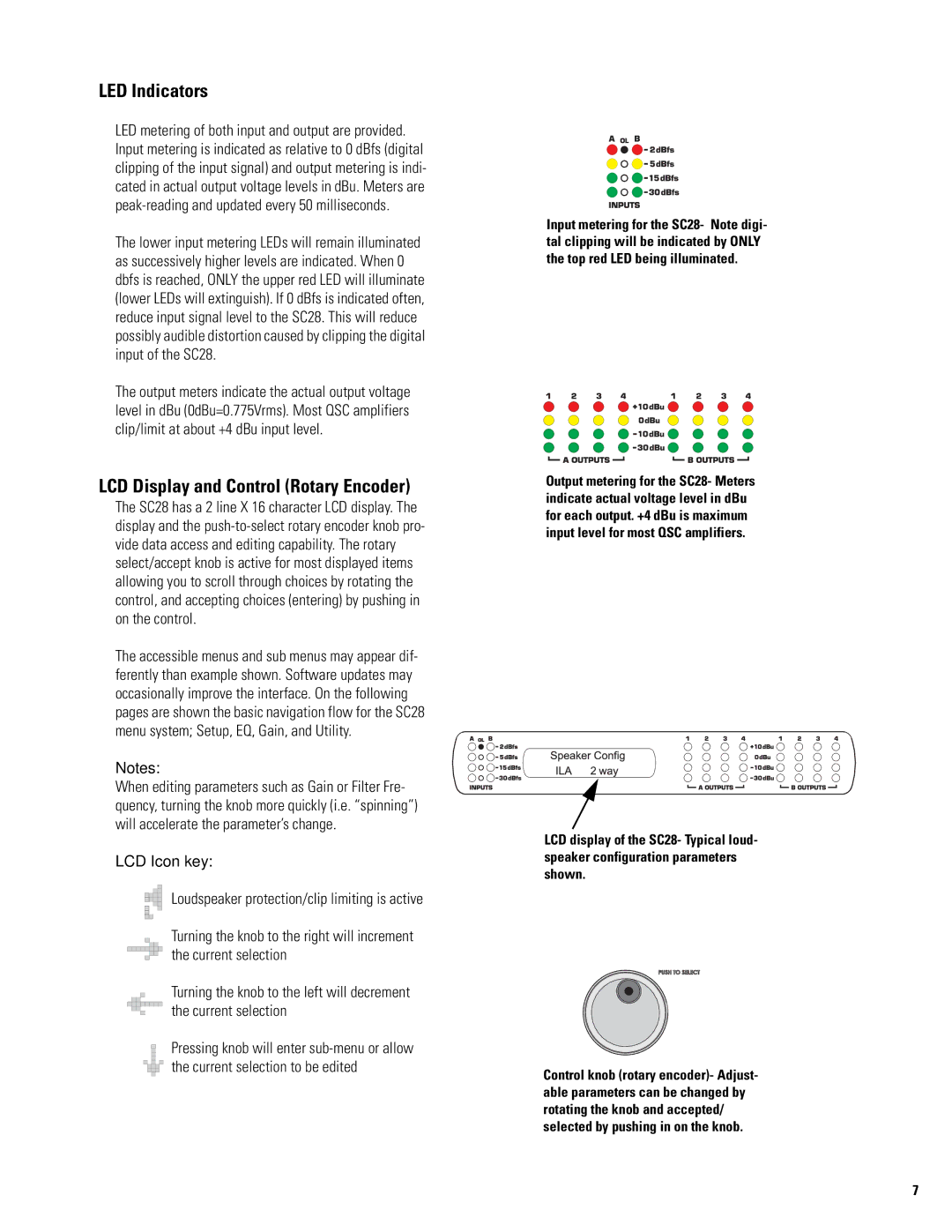 QSC Audio SC28 user manual LED Indicators, LCD Display and Control Rotary Encoder 