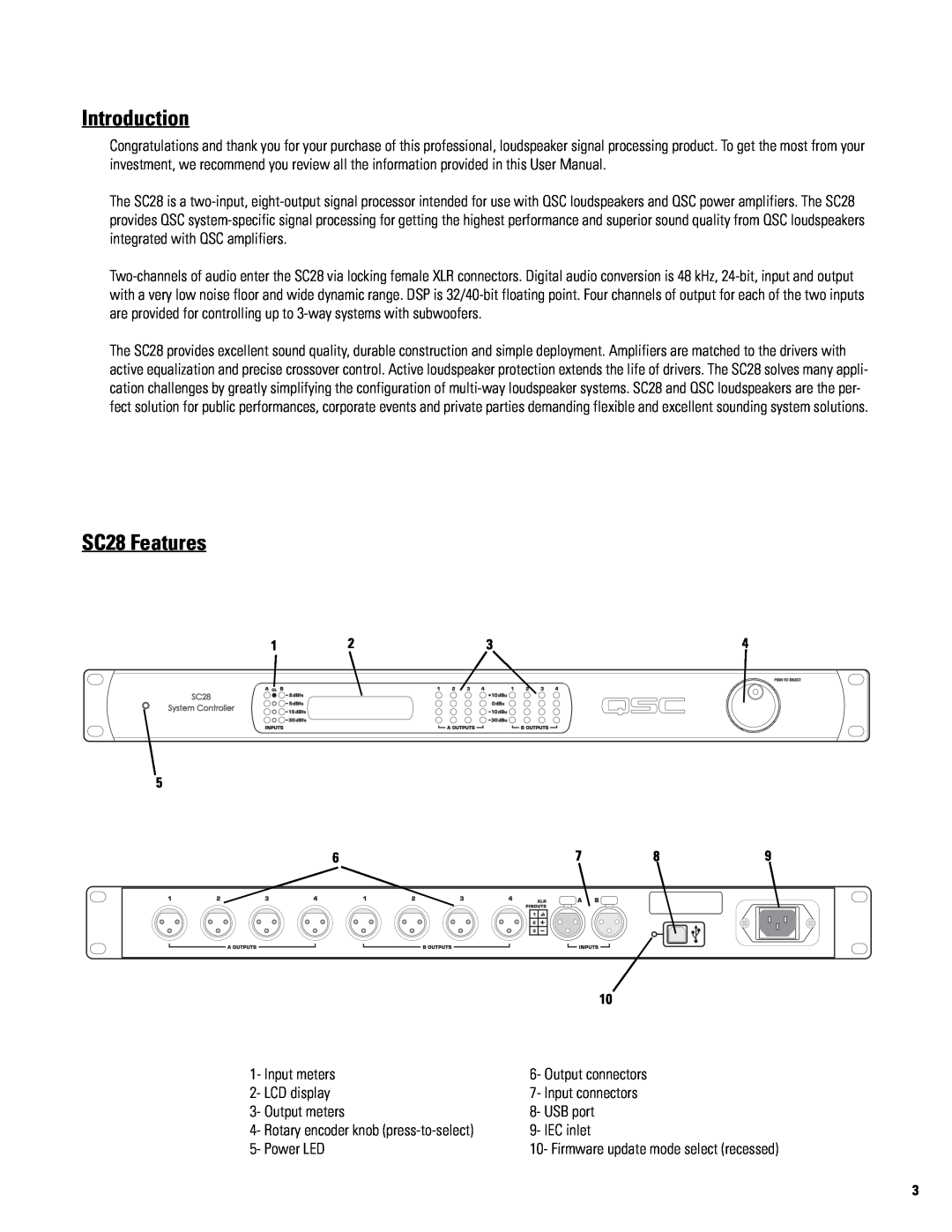 QSC Audio user manual Introduction, SC28 Features 