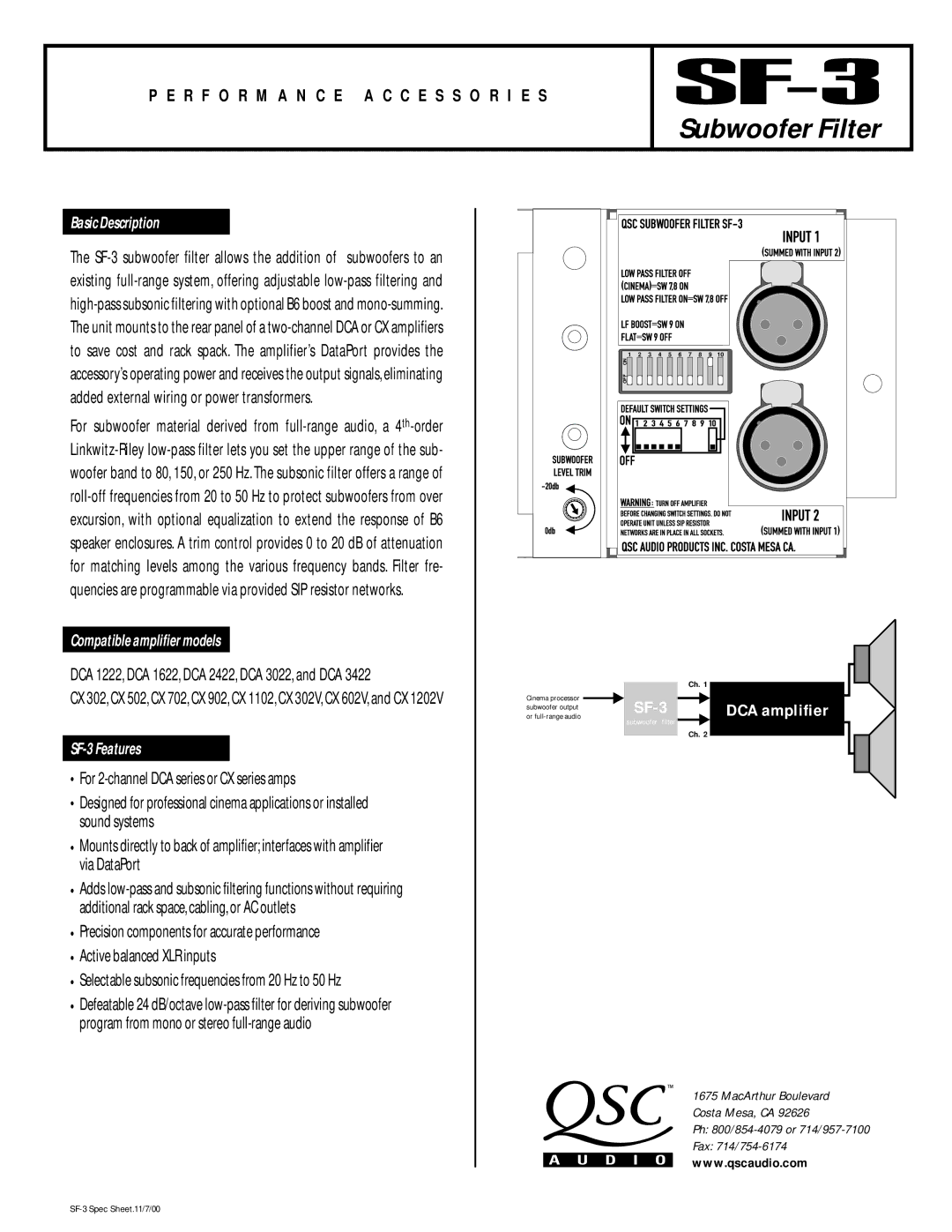 QSC Audio manual Basic Description, Compatible amplifier models, SF-3 Features 