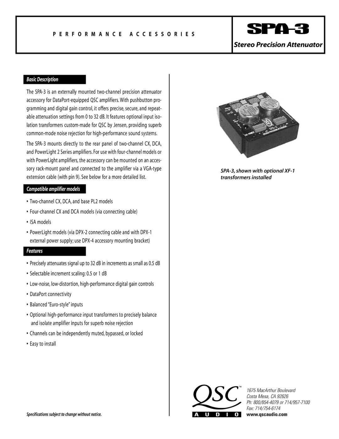 QSC Audio SPA-3 specifications Basic Description, Compatible amplifier models, Features 