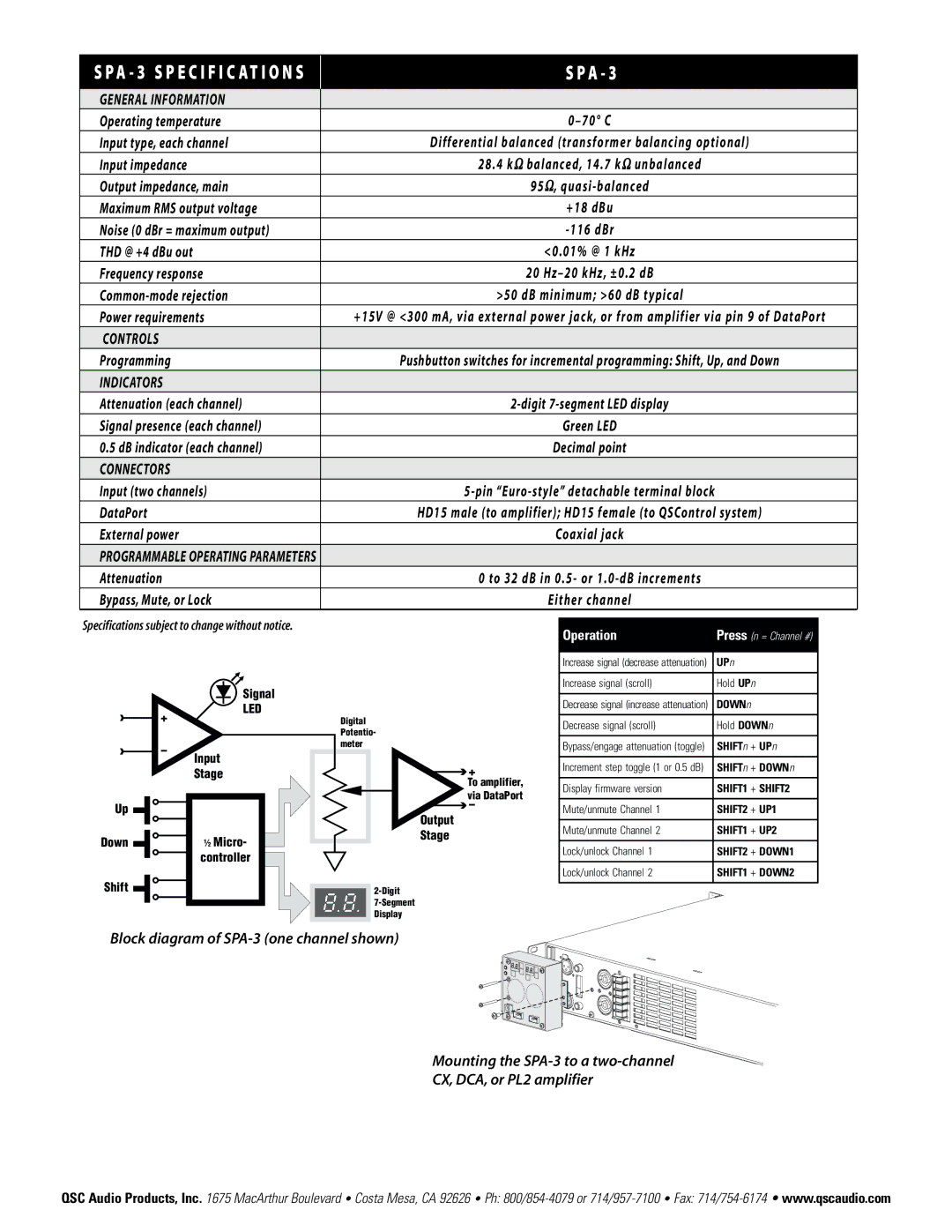 QSC Audio SPA-3 specifications General Information, Controls, Indicators, Connectors 