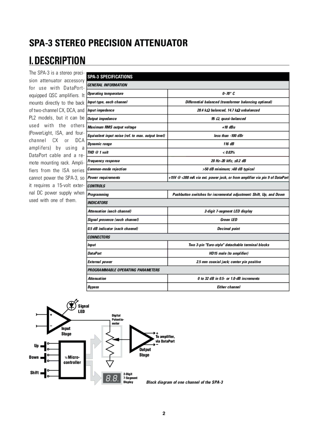 QSC Audio SPA-3 owner manual Description 