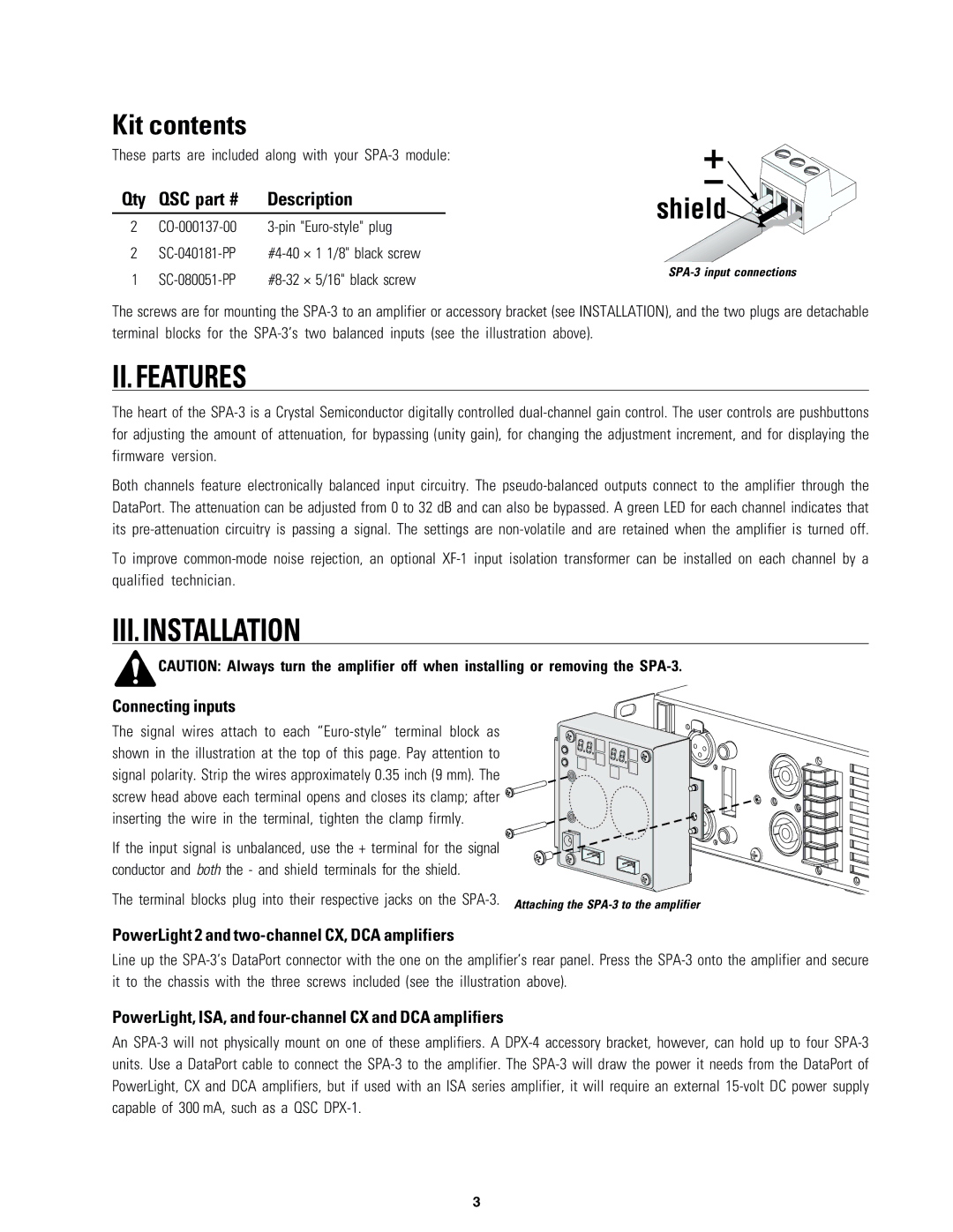 QSC Audio SPA-3 owner manual II. Features, III. Installation 