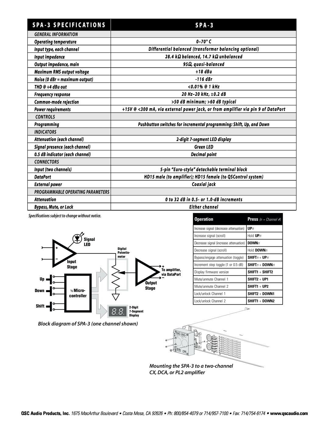 QSC Audio SPA-3 specifications S P A 