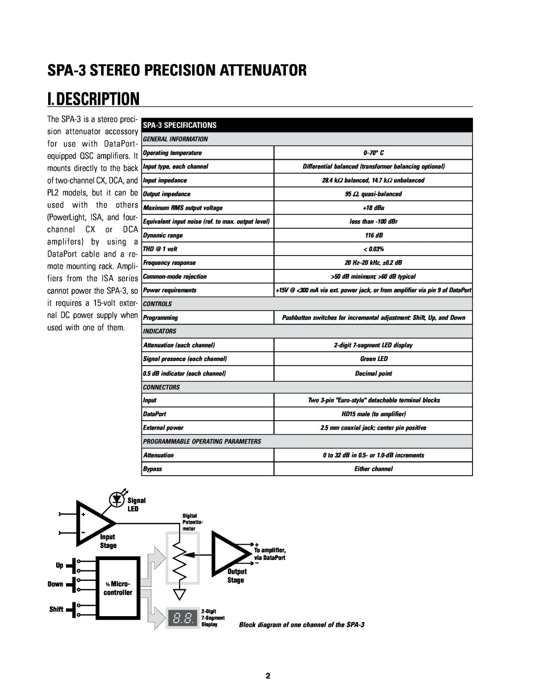 QSC Audio owner manual I.Description, SPA-3STEREO PRECISION ATTENUATOR 