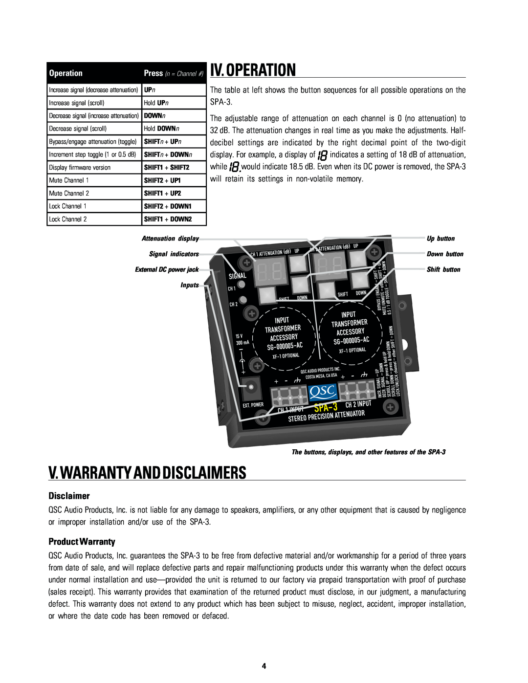 QSC Audio SPA-3 owner manual V. Warranty And Disclaimers, Product Warranty, Iv. Operation, Input, SG-000005 