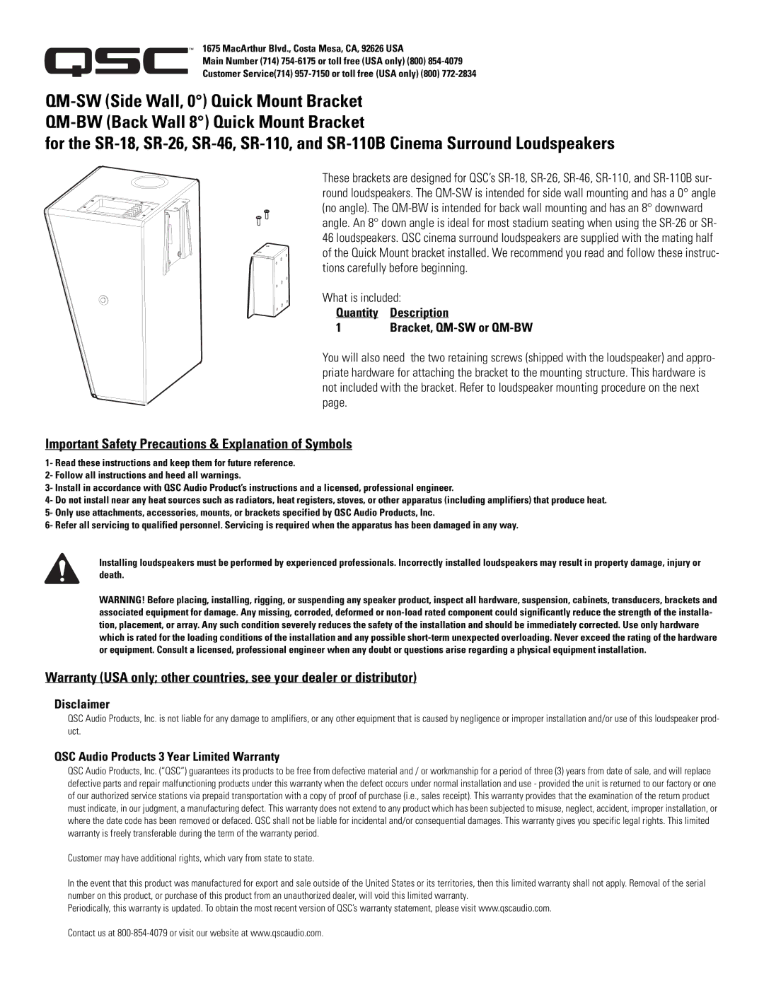 QSC Audio SR-110 warranty Important Safety Precautions & Explanation of Symbols, Quantity Description, Disclaimer 