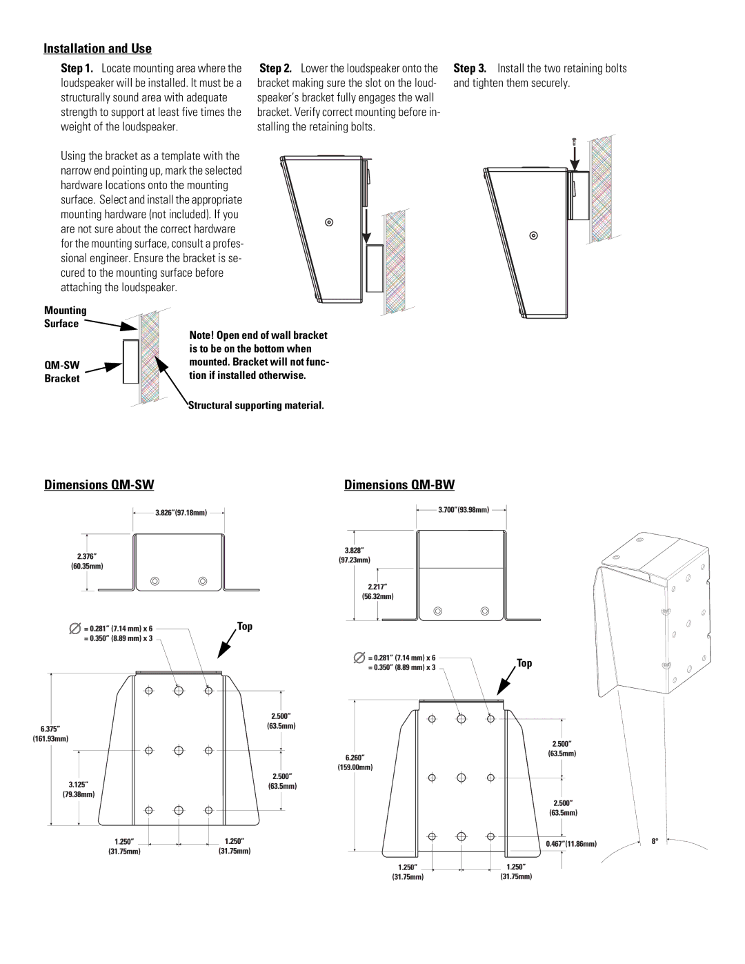 QSC Audio SR-110 warranty Installation and Use, Dimensions QM-SW Dimensions QM-BW 